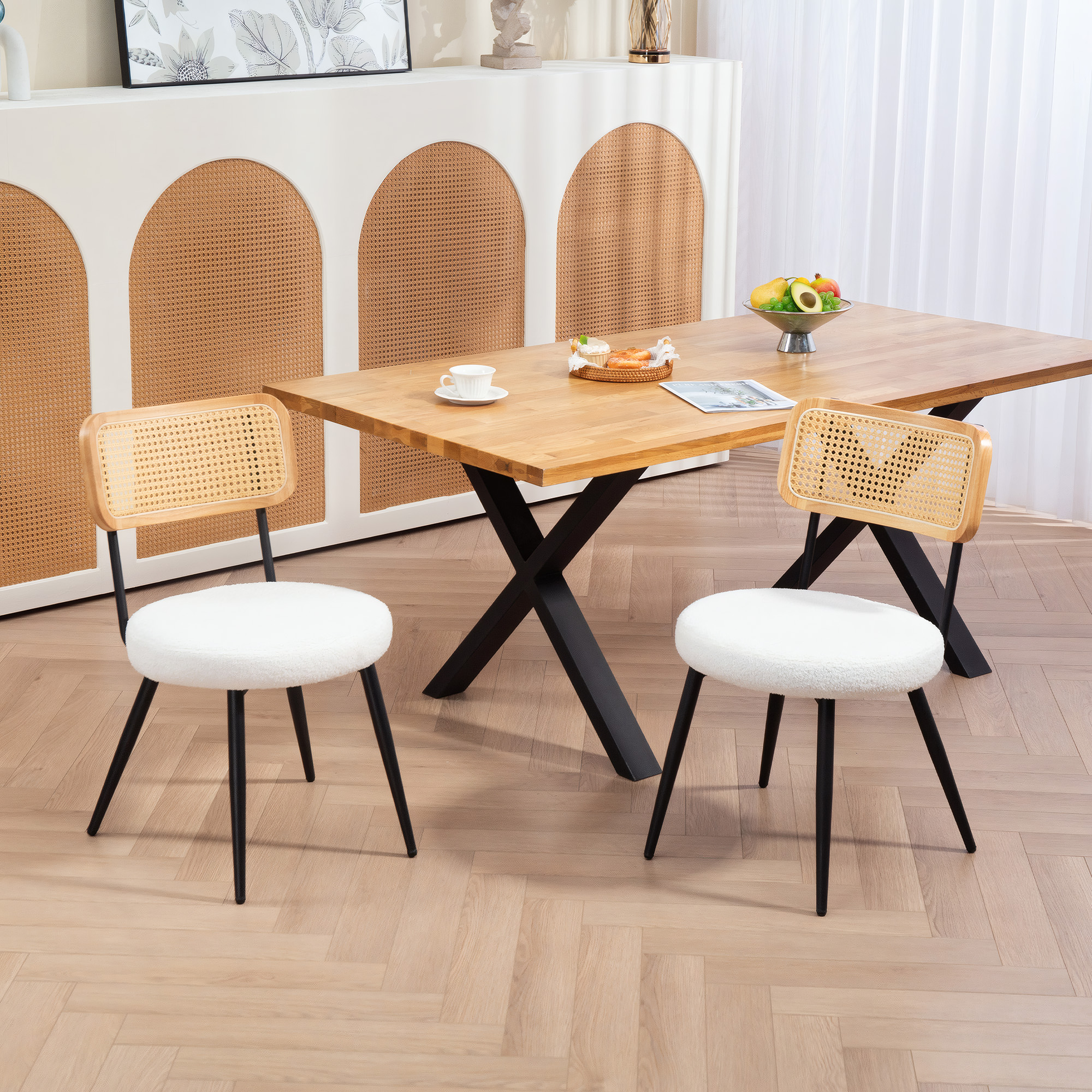 HOMCOM Set mit 2 boho Esszimmerstühlen mit Rattan-Rückenlehne für Wohnzimmer, Esszimmer, Schlafzimmer, Weiß