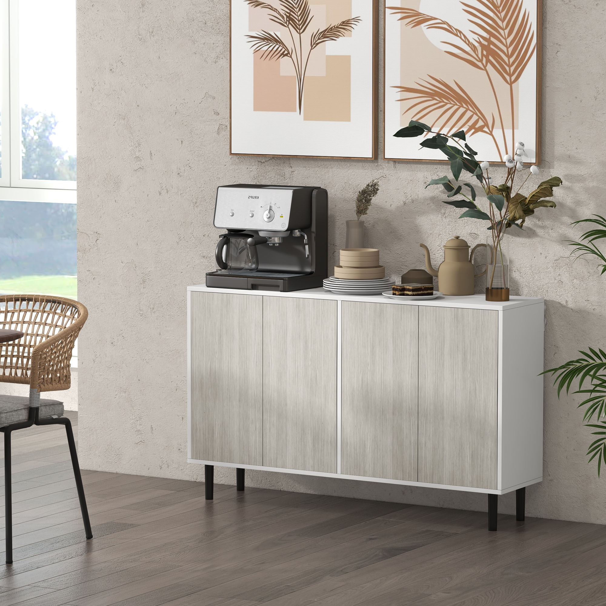 HOMCOM Küchenbuffet Aufbewahrungsschrank mit 2 Doppeltürenschränken mit höhenverstellbaren Regalen, 121 x 37 x 75 cm, Weiß und Holzoptik Grau