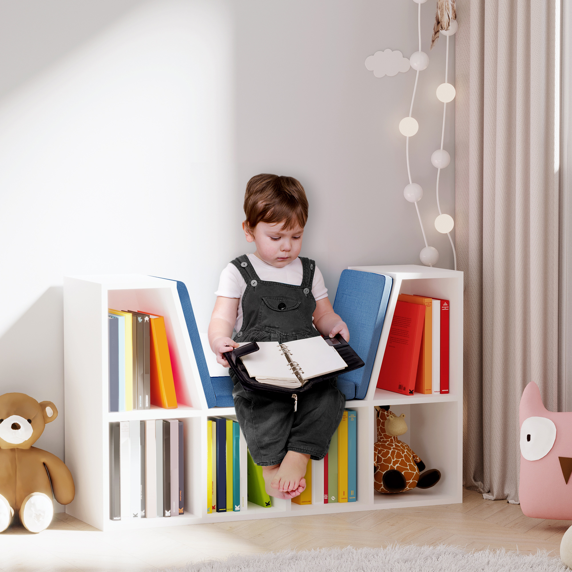 HOMCOM Bücherregal Bank 2-in-1 Design Contemporain 6 Fächer 3 Kissen 102L x 30B x 61H cm Weiß Blau