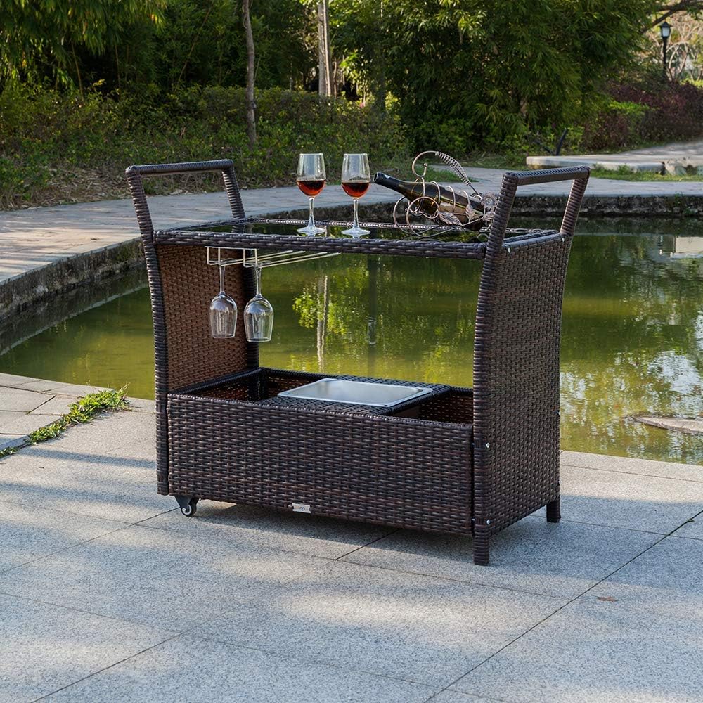 Wicker Outdoor Bar Cart with Wheels Ice Bucket and Glass Top