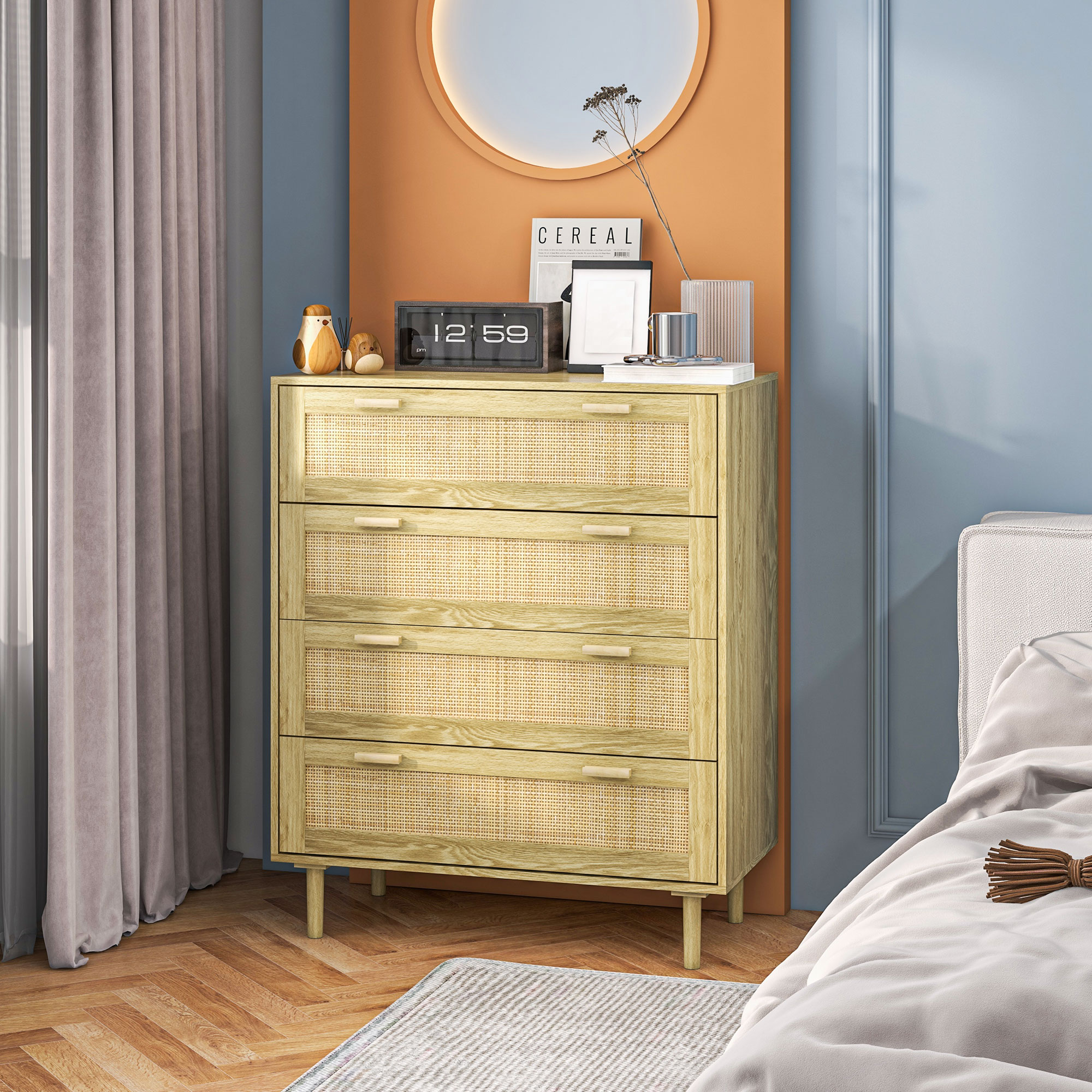 HOMCOM Kommode 4 Schubladen Aufbewahrungsmöbel mit Rattanflechtwerk im Bohème-Stil Maße 90 cm lang x 45 cm tief x 108,5 cm hoch Aspekt Naturholz