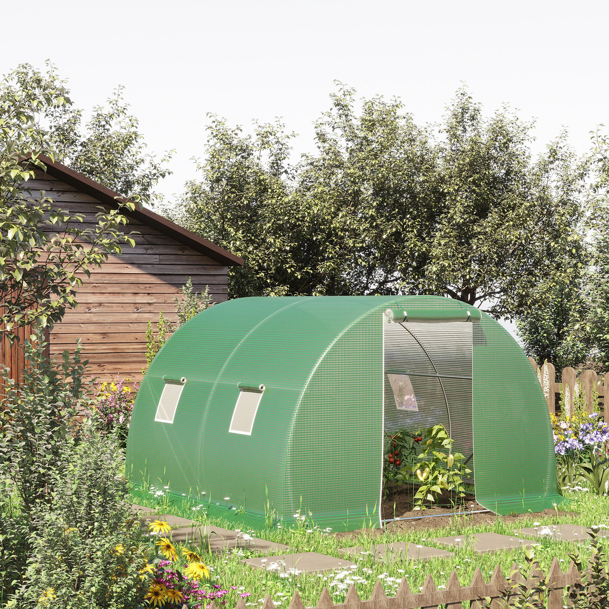 Outsunny Foliengewächshaus begehbares Polytunnel 3 x 3 m Gewächshaus mit 4 Fenster Treibhaus Frostschutz Stahlrohr Dunkelgrün