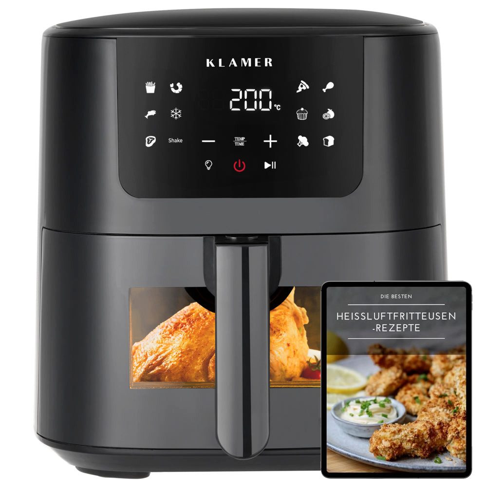 Heißluftfritteuse 5l XL, mit Sichtfenster & Schüttel-Erinnerung, Ölfreier 1500W Airfryer mit LED-Touchscreen, digitalem deutschen Rezeptbuch und spülmaschinenfestem Korb