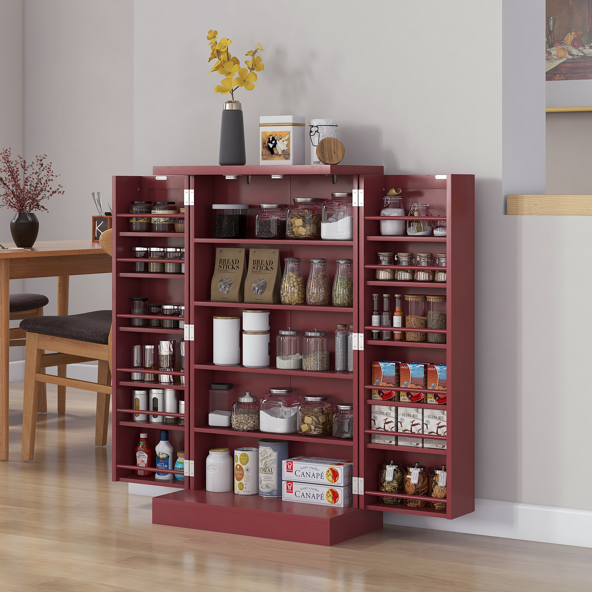 HOMCOM Küchenmöbel Vorratsschrank 2 Türen mit 5 Regalen und 12 Gewürzregalen - 60 x 30 x 104 cm - Rot