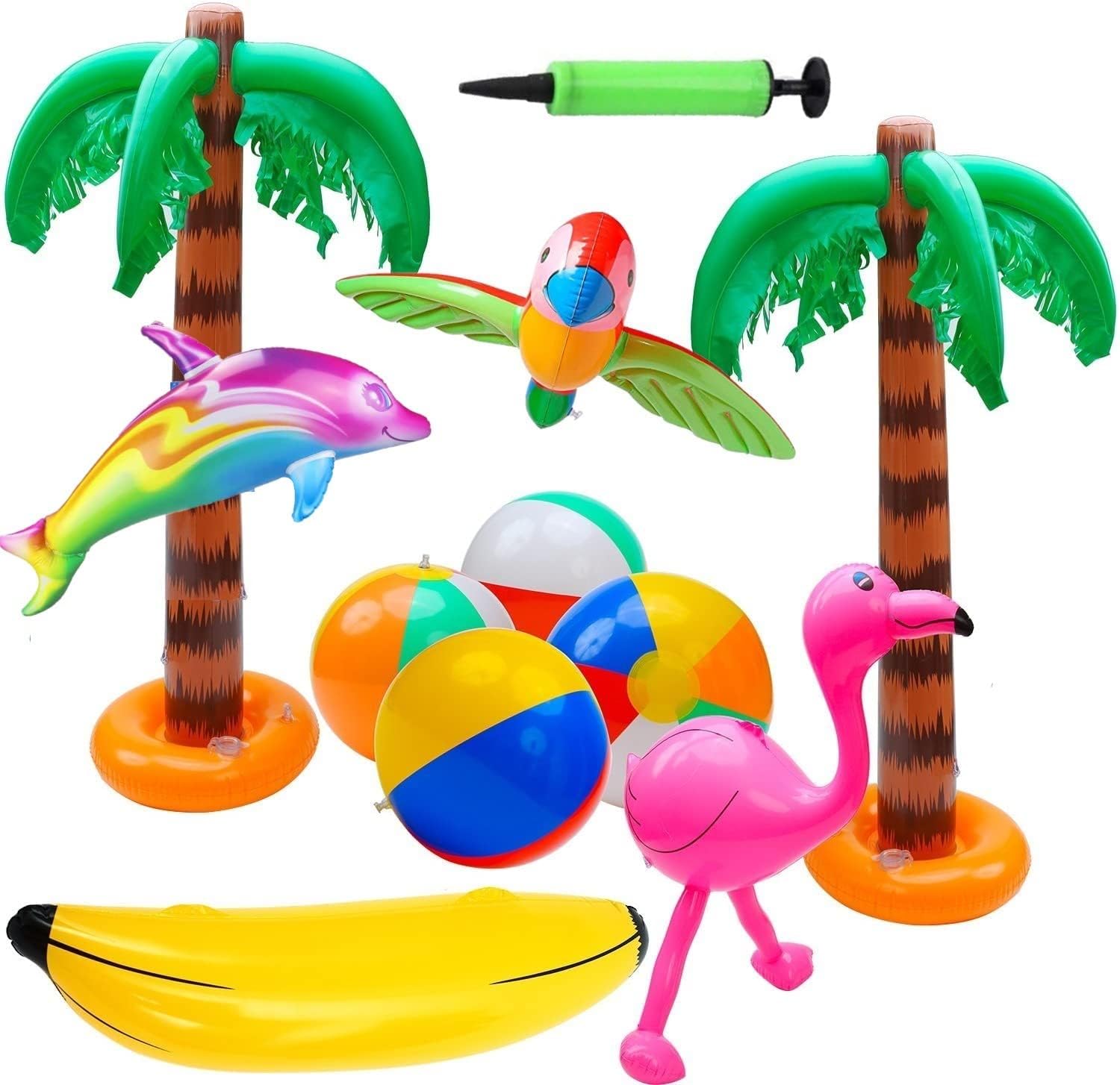 LATERN 11 Pezzi Gonfiabile Palma Gonfiabile Giocattoli dei Palloni da Spiaggia della Banana del Delfino del Pappagallo dei Fenicotteri per Hawaii Party Decor Luau Party Sfondo - con Pompa ad Aria