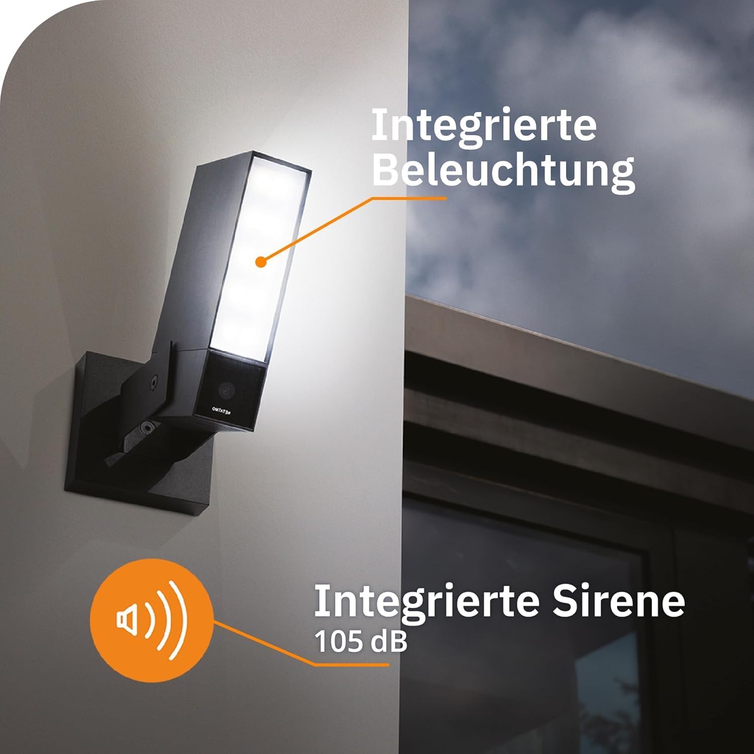 Netatmo AMZ Smarte Überwachungskamera für den Außenbereich mit 105 dB-Sirene, WLAN, Integrierte Beleuchtung, Bewegungserkennung, Nachtsicht, Ohne Abonnement, NOC-S-AMZ, 1080p