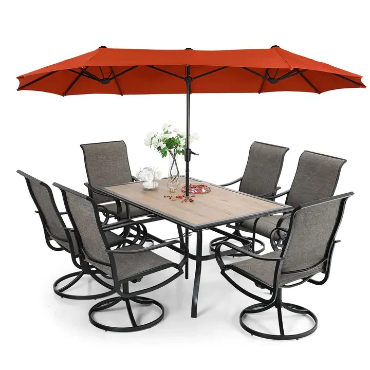 Set da pranzo da patio 8 pezzi con ombrellone, mobili da esterno composto da 6 sedie sling girevoli.