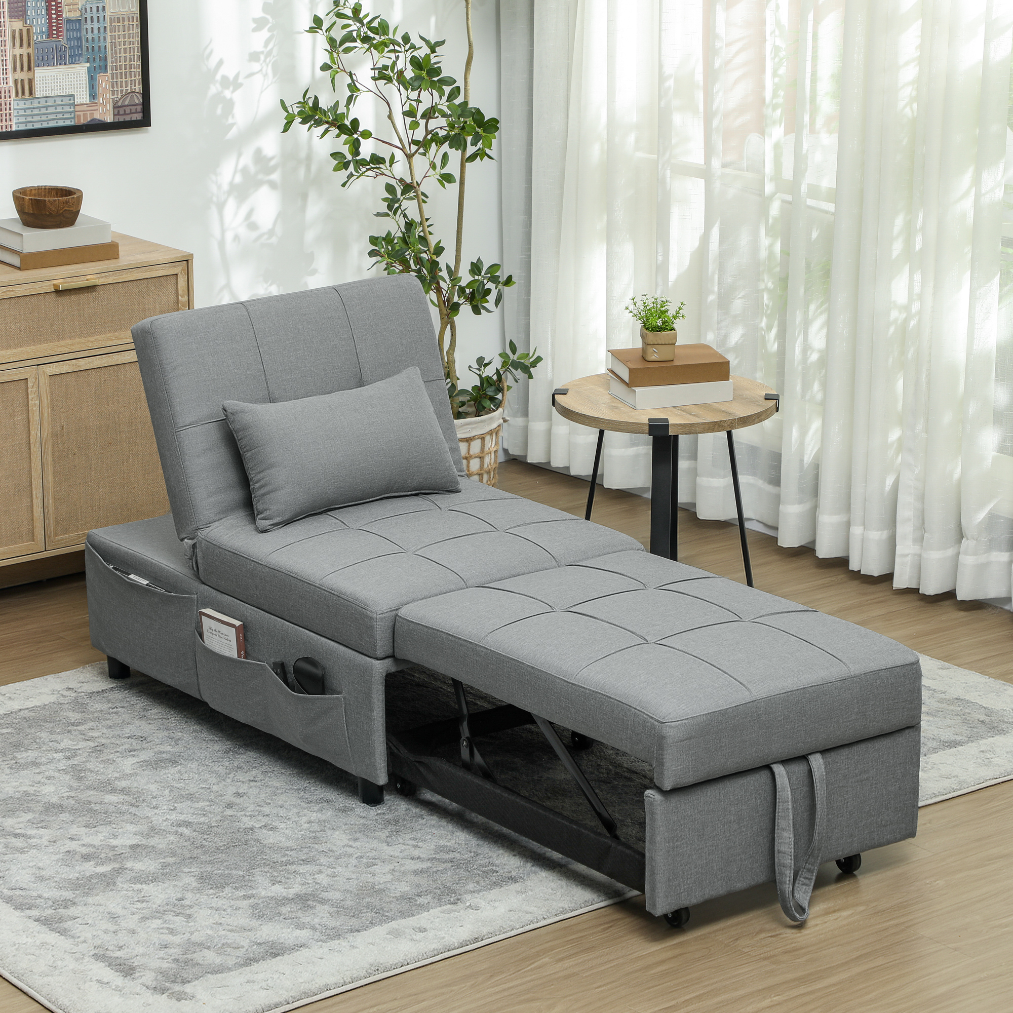 3-in-1 Opklapbare Fauteuil met Zijvak, Gastenbed met Kussen, Verstelbare Rugleuning, Slaapstoel met Wielen, Lichtgrijs