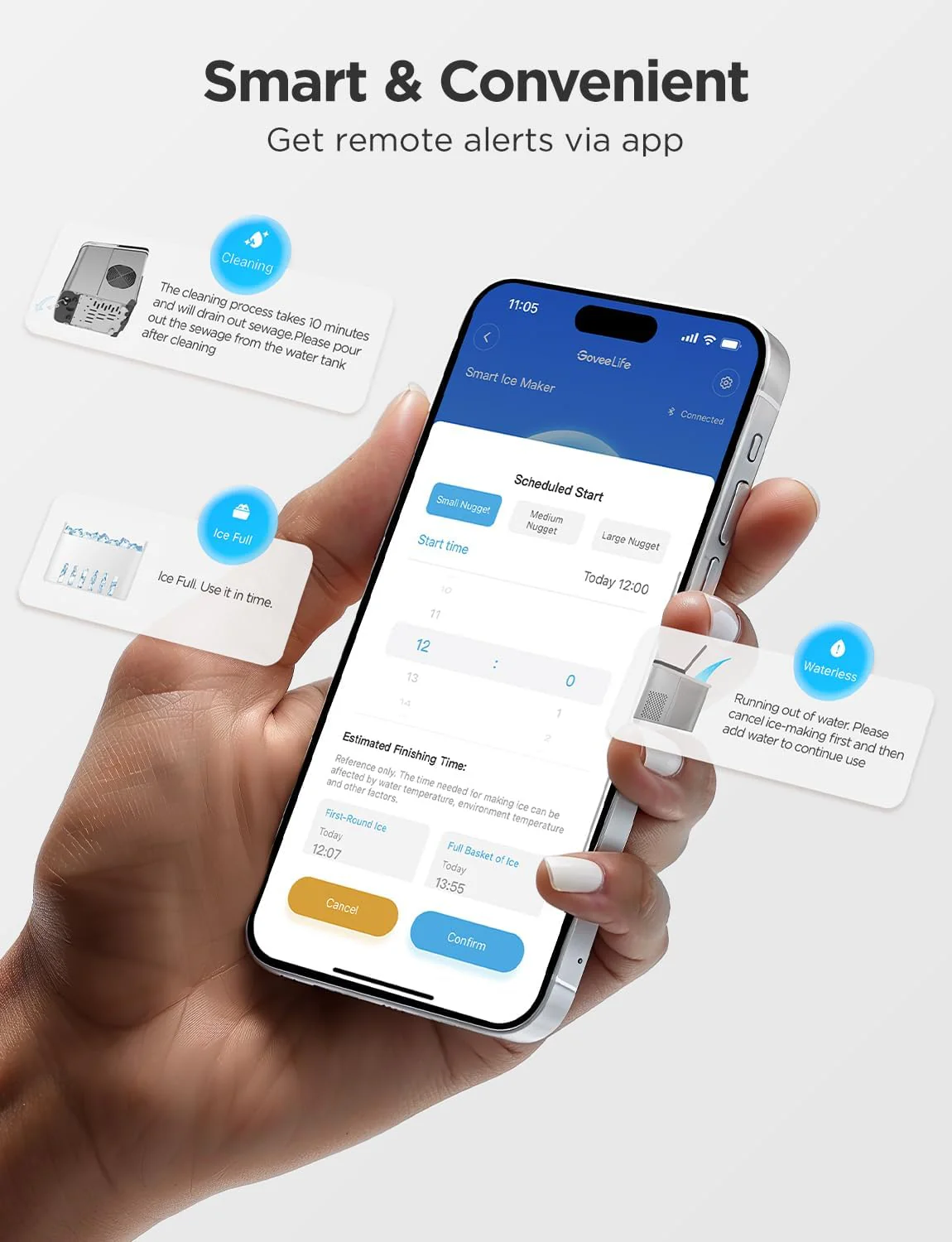 Desktop ice machine, an ice machine that can produce 26 pounds of ice per 24 hours, 6 minutes and 9 seconds, with an automatic cleaning function and controllable via an app, intelligent desktop ice machine, capable of providing two sizes of ice in th