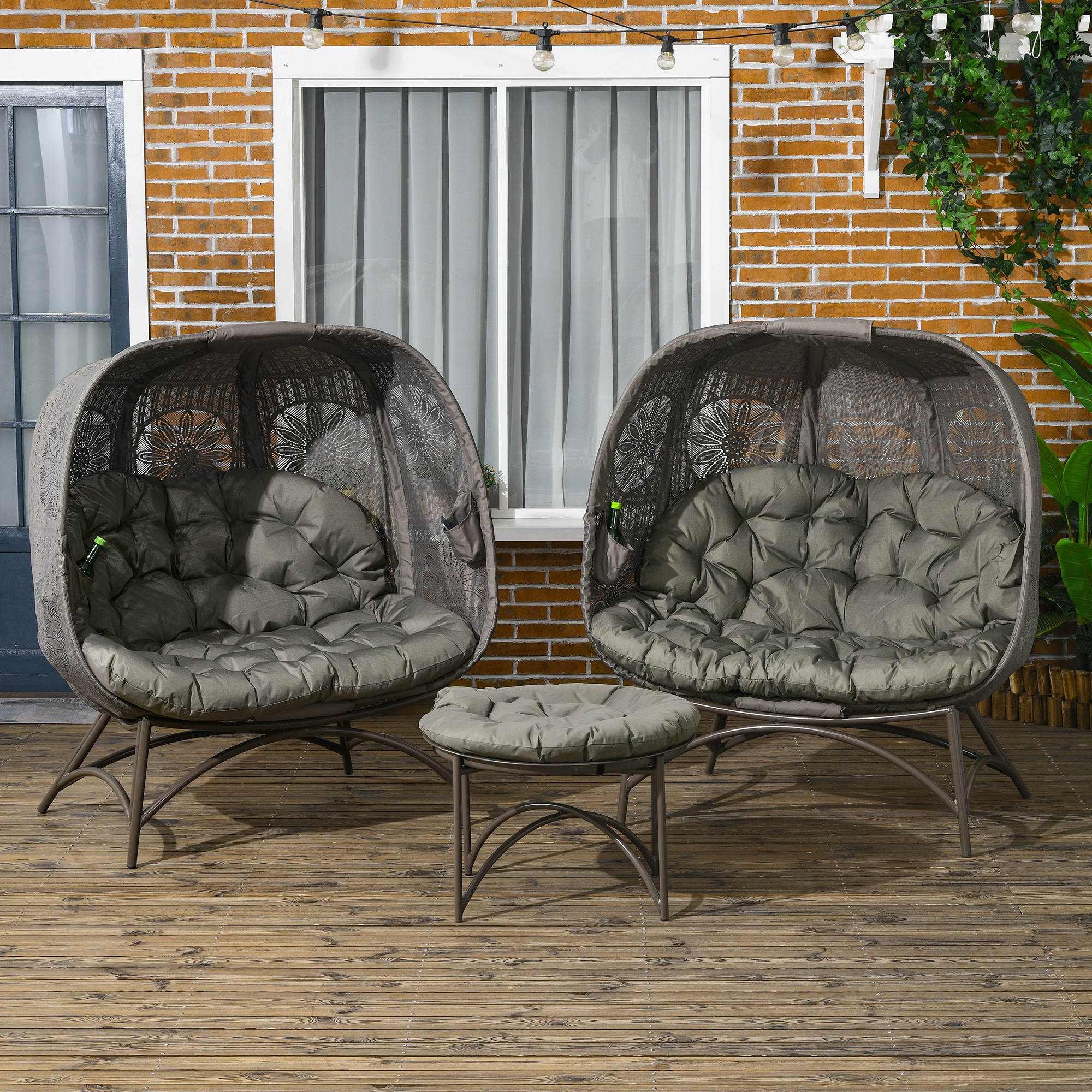 Tuinmeubelset, 2 rieten stoelen met bijzettafel, inklapbaar, zitkussens, metalen frame, kleur: zand