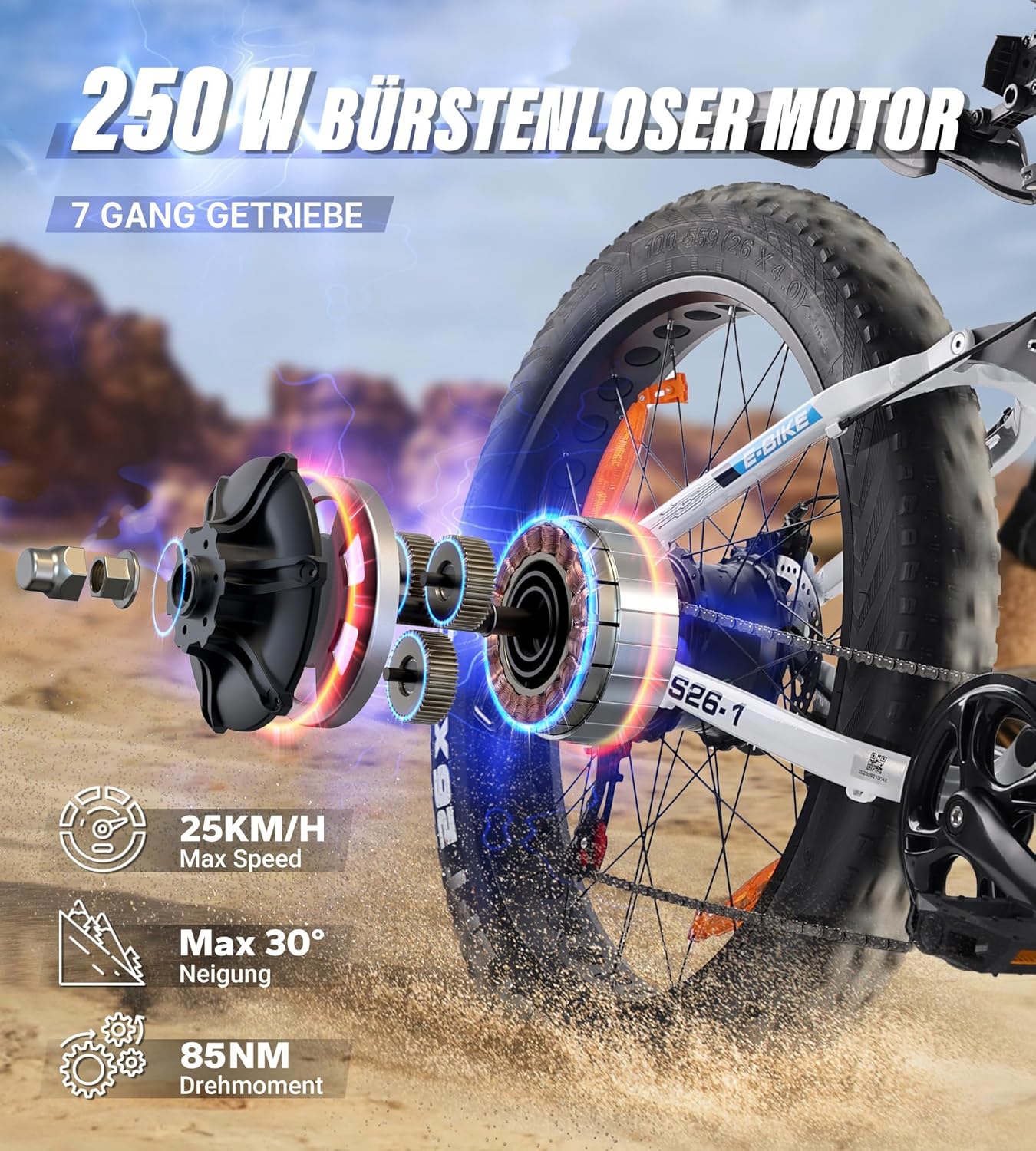 VARUN E Bike, E-Bike Herren mit 26 * 4.0