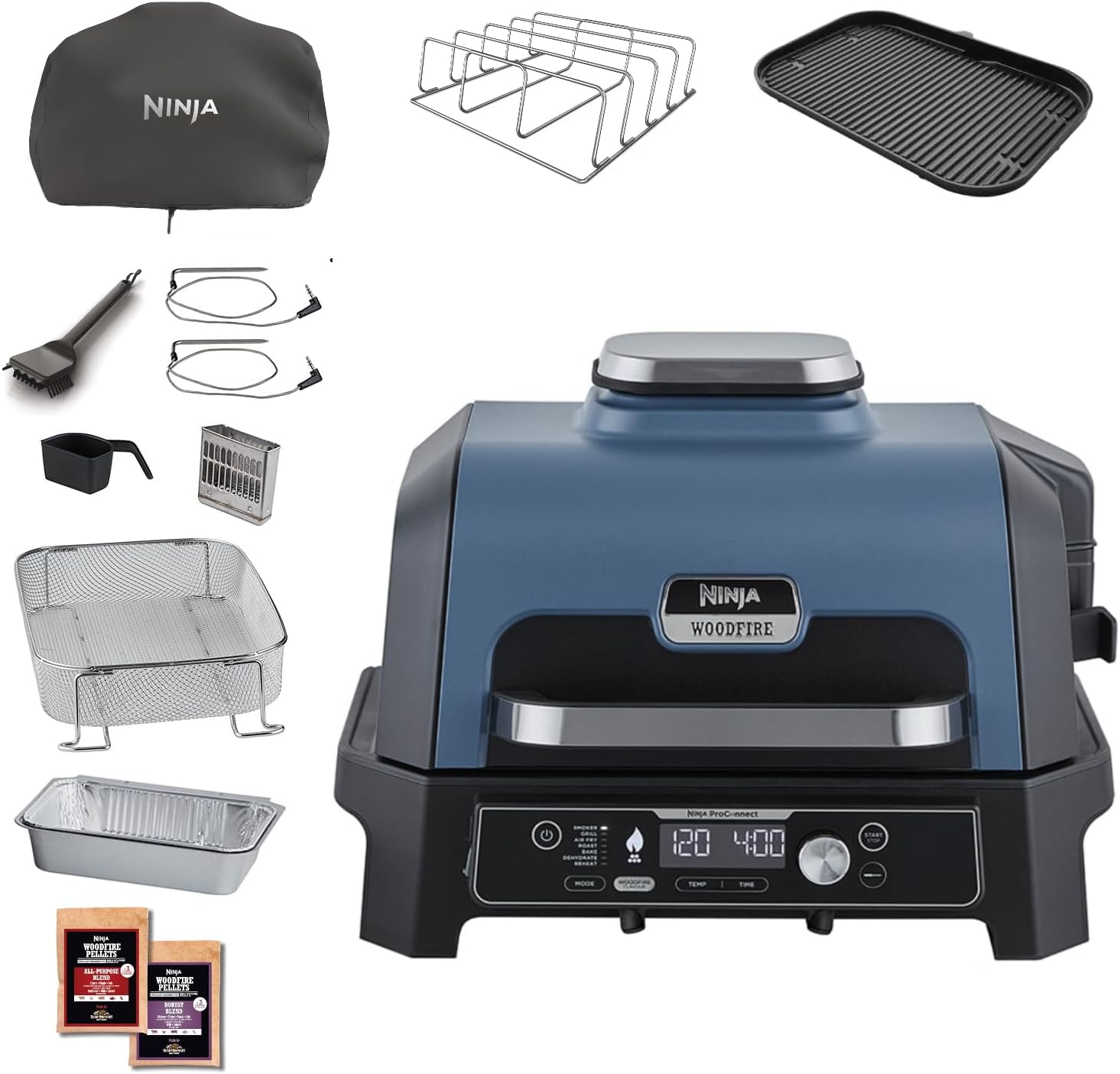 Ninja Woodfire Pro Connect XL Barbecue Elettrico, Griglia, Affumicatore, Friggitrice ad Aria 7 in 1, Controllo con App, 2 Termometri, Griglia per Costicine, Copertura e Spazzola, Blu/Nero, OG901EUAMZ