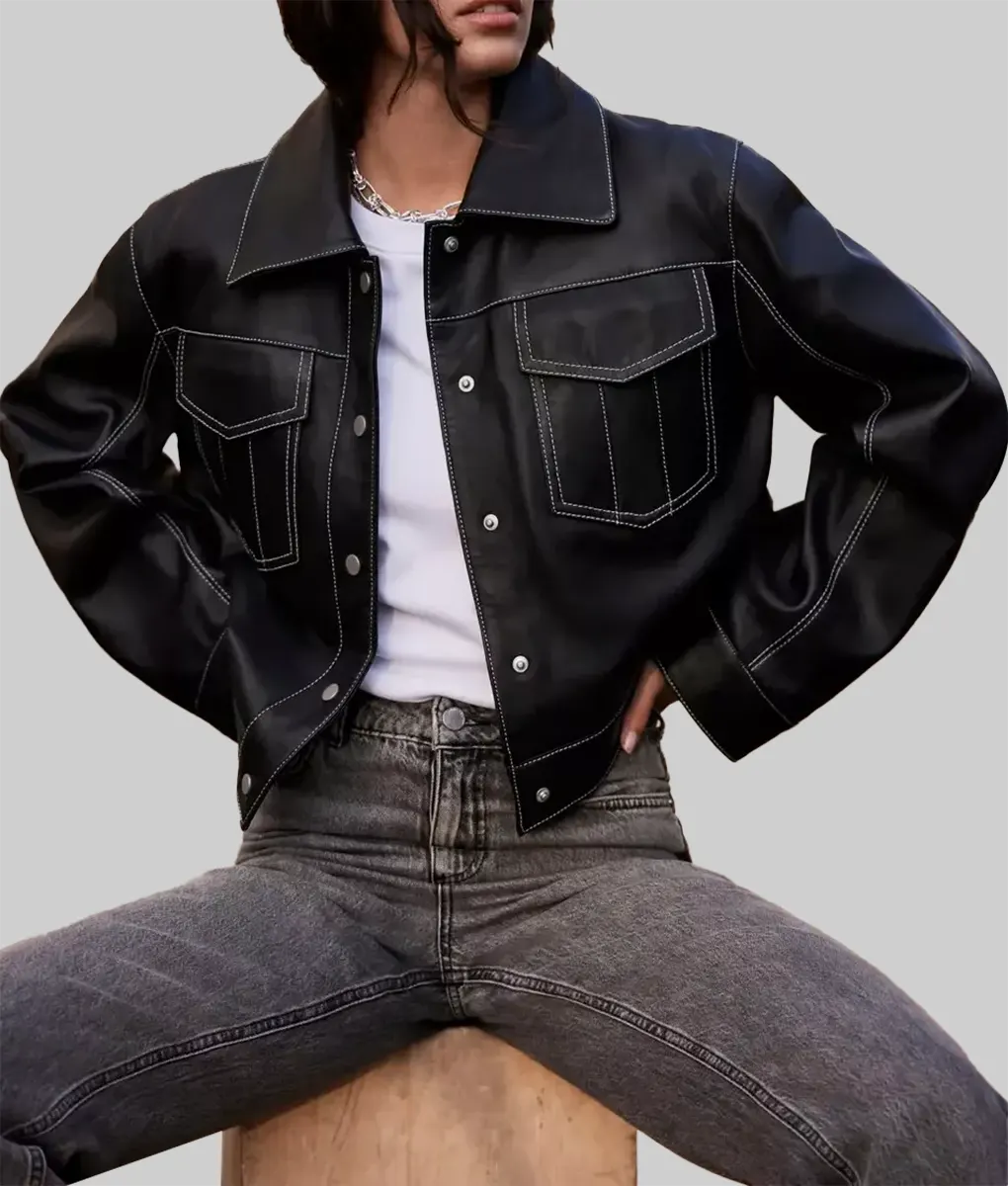 Lauren Black Leather Cropped Trucker Jacket