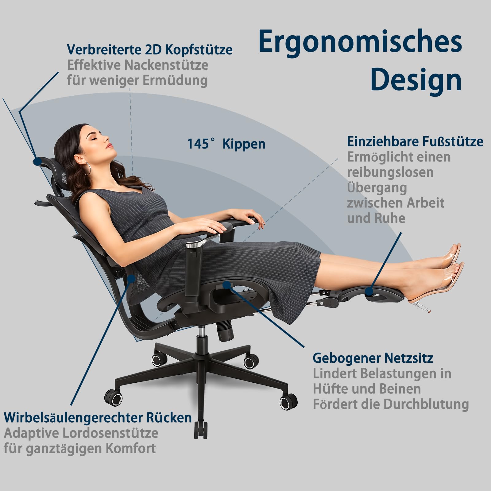 Ergonomischer Bürostuhl für große und schwere Personen mit Fußstütze, 5D-Armlehnen, Lendenstütze und Netz-Rückenlehne in Schwarz