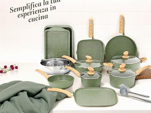 Kitchen Academy Set di Pentole e Padelle a Induzione, 17 Pezzi, Verde
