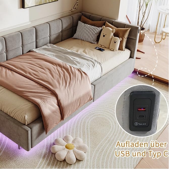 Einzelbett 90x200 mit Stauraum, Polsterbett mit LED/USB, Bettgestell mit Lattenrost und kopfteil, Bettrahmen für Jugendliche, Samt (Grau, 90 x 200 cm)