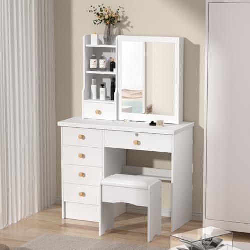 Tavolo da trucco bianco con specchio, 6 cassetti e ripiani aperti, elegante tavolo da toeletta in legno per camera da letto : Amazon.it: Casa e cucina