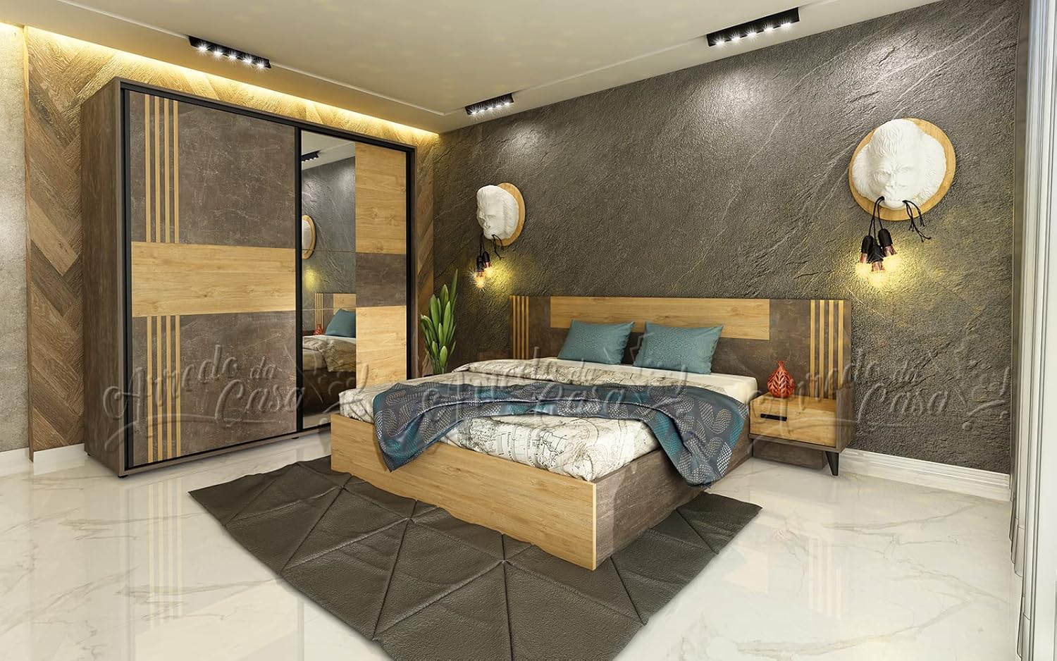 CDLU31 Complete Double Bedroom with Wardrobe 2 Hinged Doors Double Bed with Bedside Tables and Dresser with 2 Drawers 1 Door and 1 Mirror Dark Concrete and Golden Oak