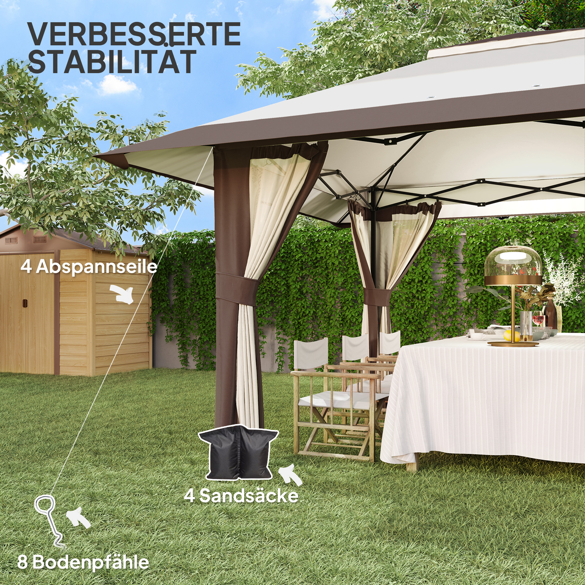 Outsunny 4 x 4 m Tuin Paviljoen, Tuinent met Netwanden, UPF50+ Bescherming, Hoogteverstelbare Partytent, Beige