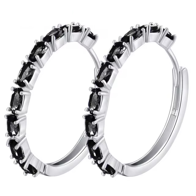 Black Charm Austrian Crystal Sterling Silver Hoop Earrings