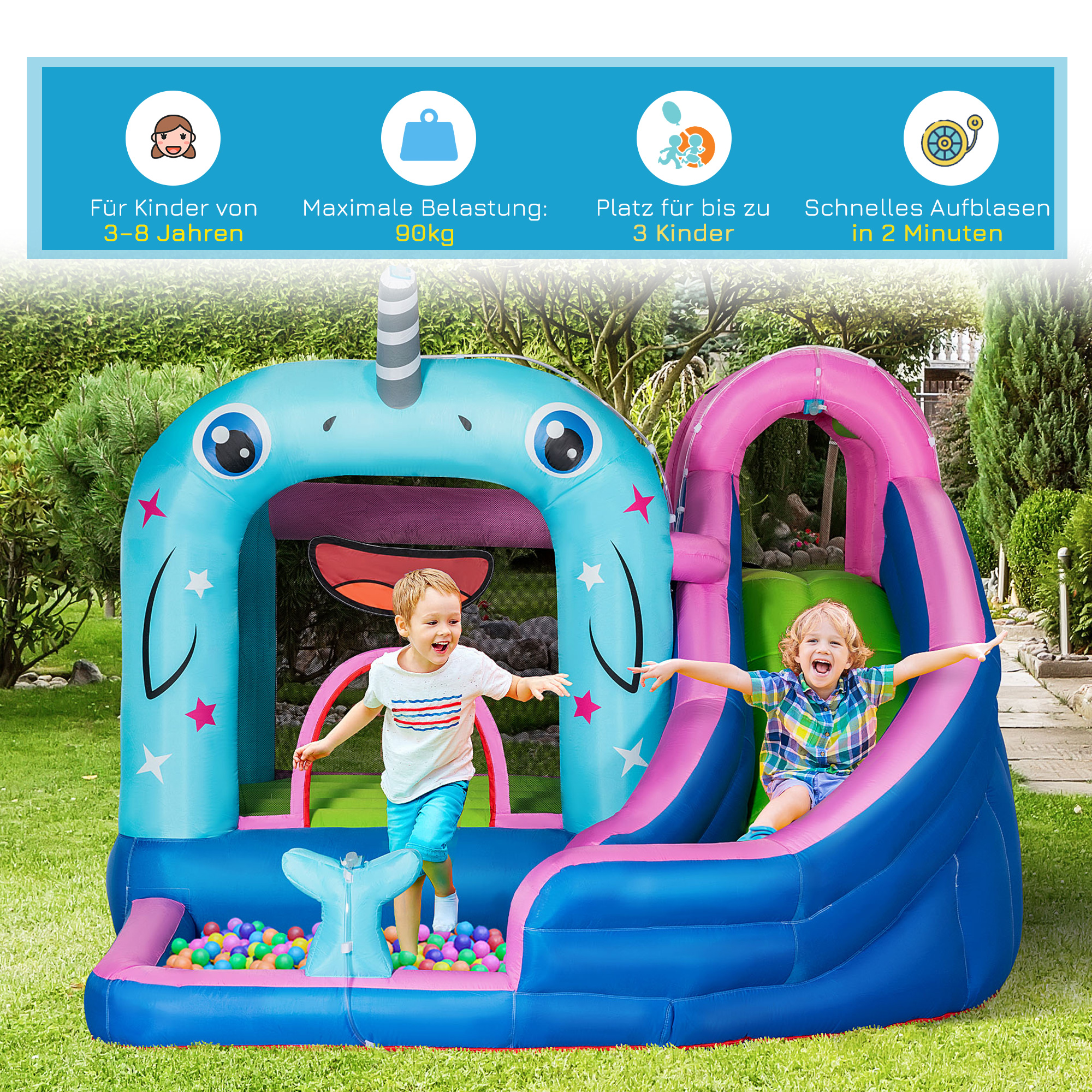 Outsunny opblaasbaar springkasteel met glijbaan, springkussen, waterbassin, waterstralen, 330 x 280 x 200 cm