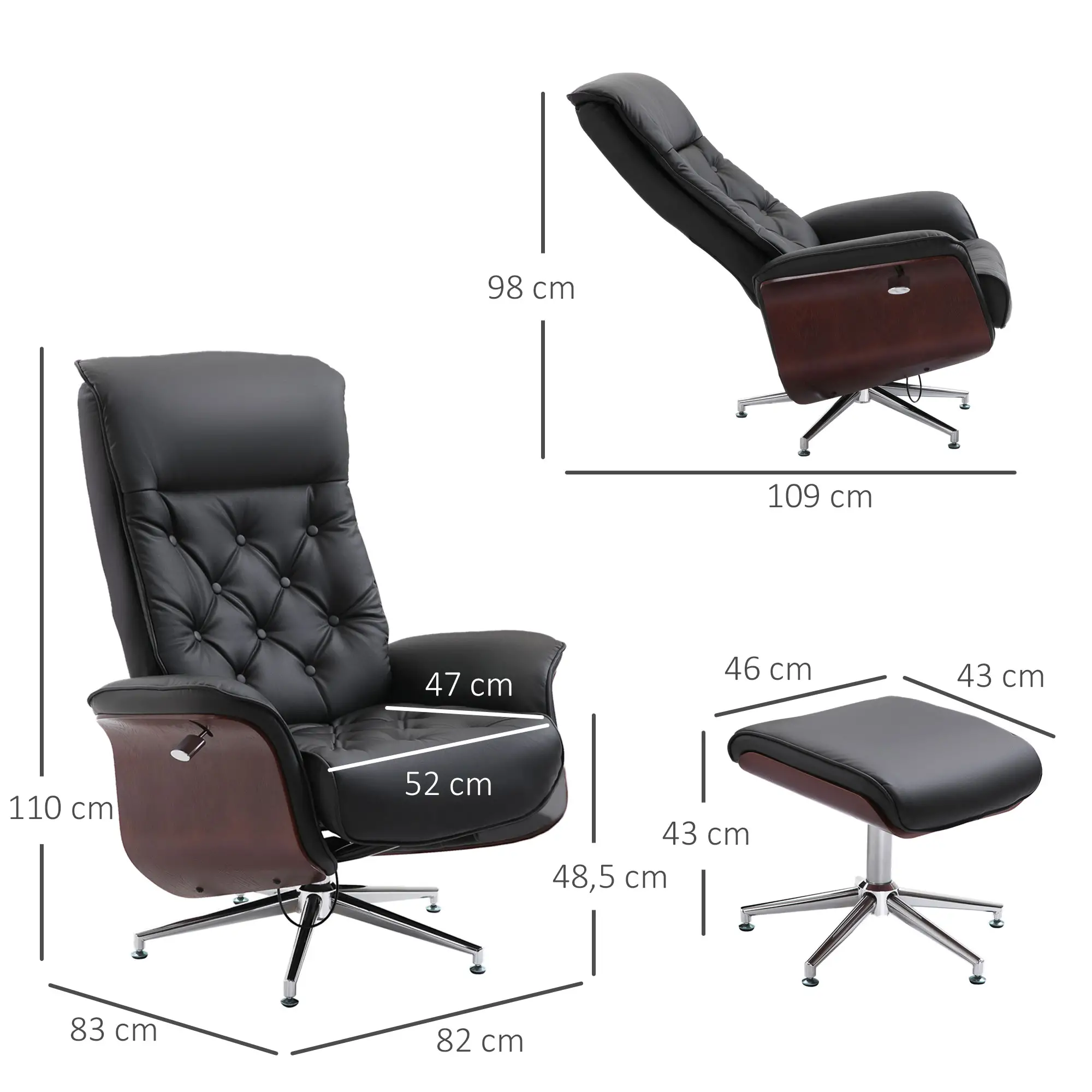 HOMCOM Relaxsessel mit Hocker 360° drehbar 145° neigbar Chesterfield