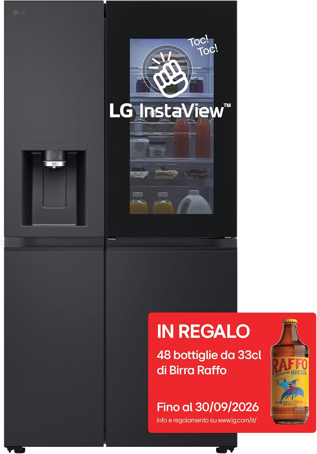 LG GSXE91EVAD Frigorifero Americano InstaView, Classe D, 628 L, Wi-Fi, Dispenser Acqua UVnano Senza Allaccio, Tecnologia Door e Linear Cooling, Acciaio Nero
