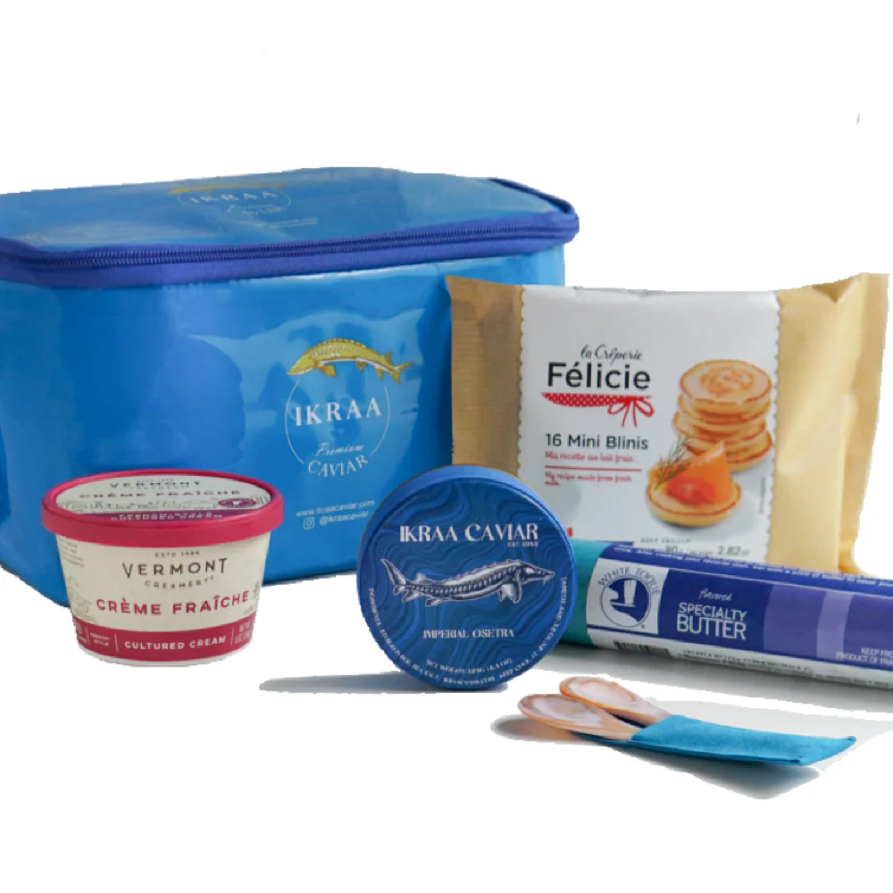 IKRAA Caviar Picnic Pack Set – Includes Blinis, Truffle Butter, Crème Fraîche & Pearl Spoons