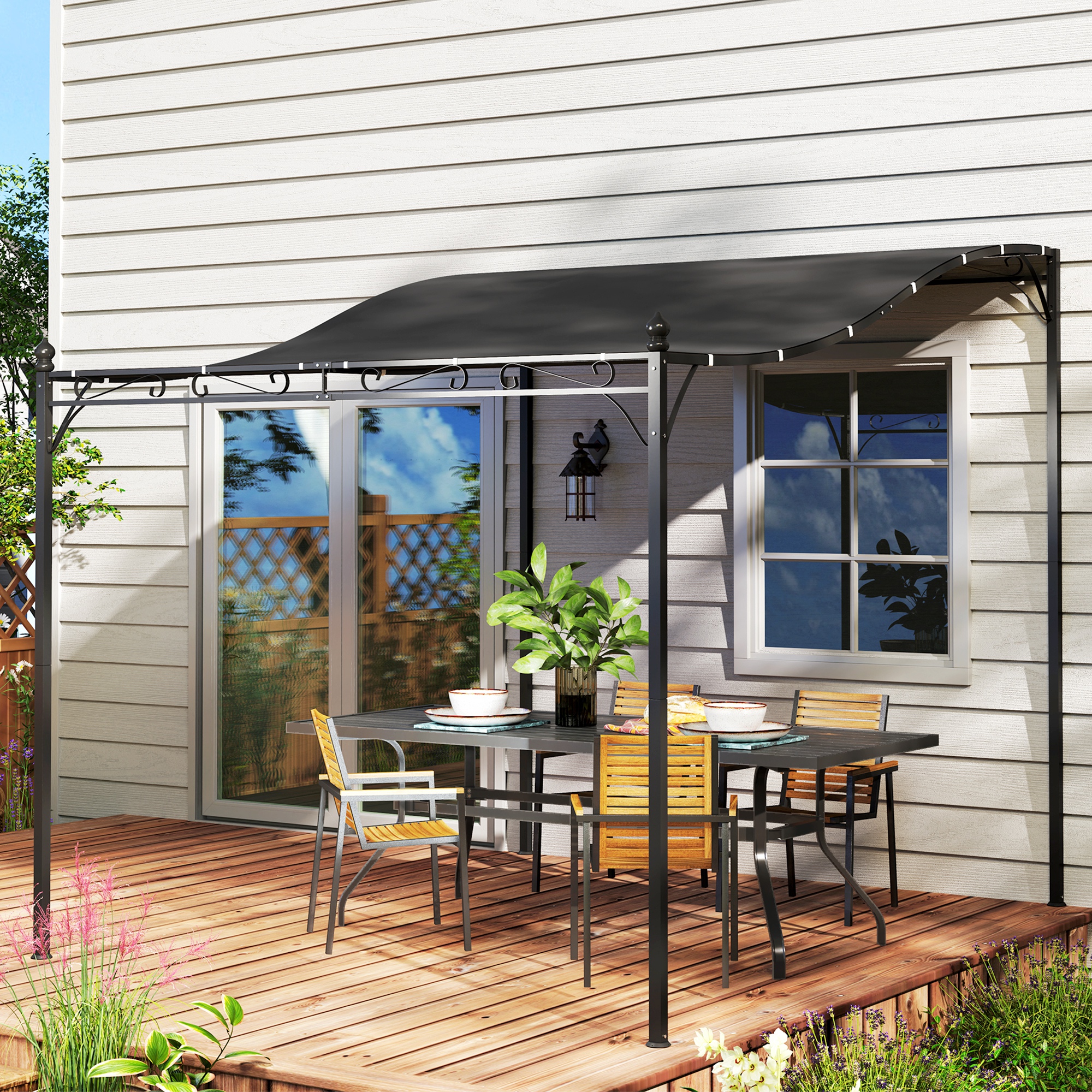 2,5 x 3 m Pergola, Wandgemonteerde Tuin Luifel, Waterbestendig, Metalen Frame, Afvoergaten, Schaduwdak, Donkergrijs