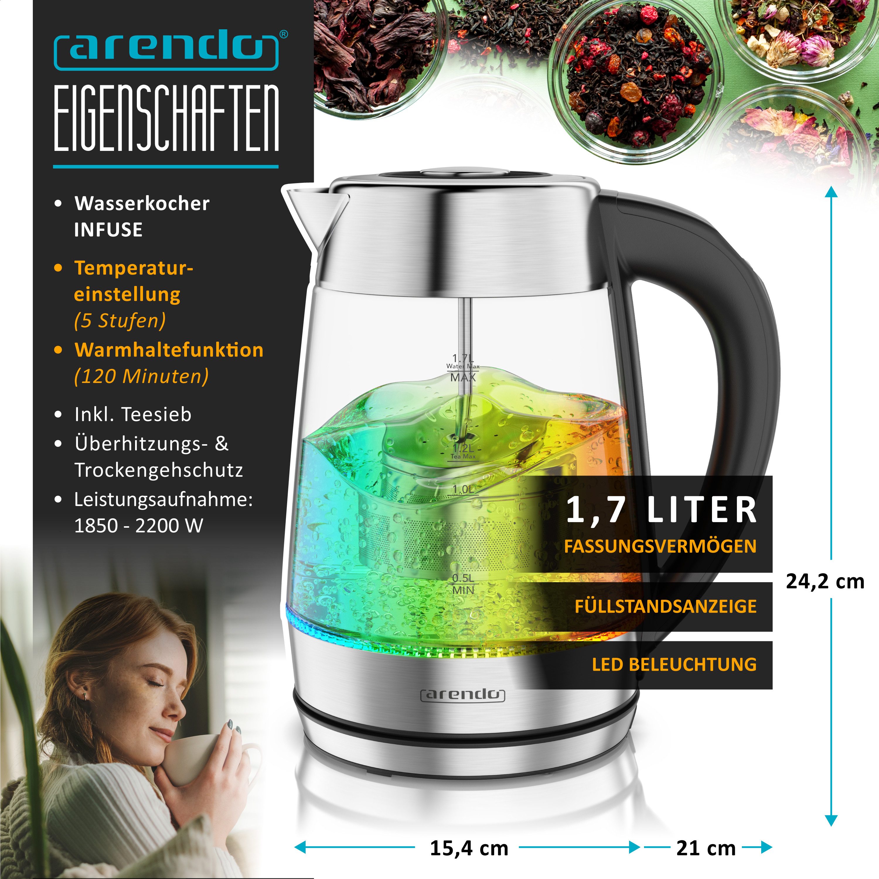 Wasserkocher Glas & Edelstahl 2in1 Teebereiter mit Teesieb & 5 Temperaturen