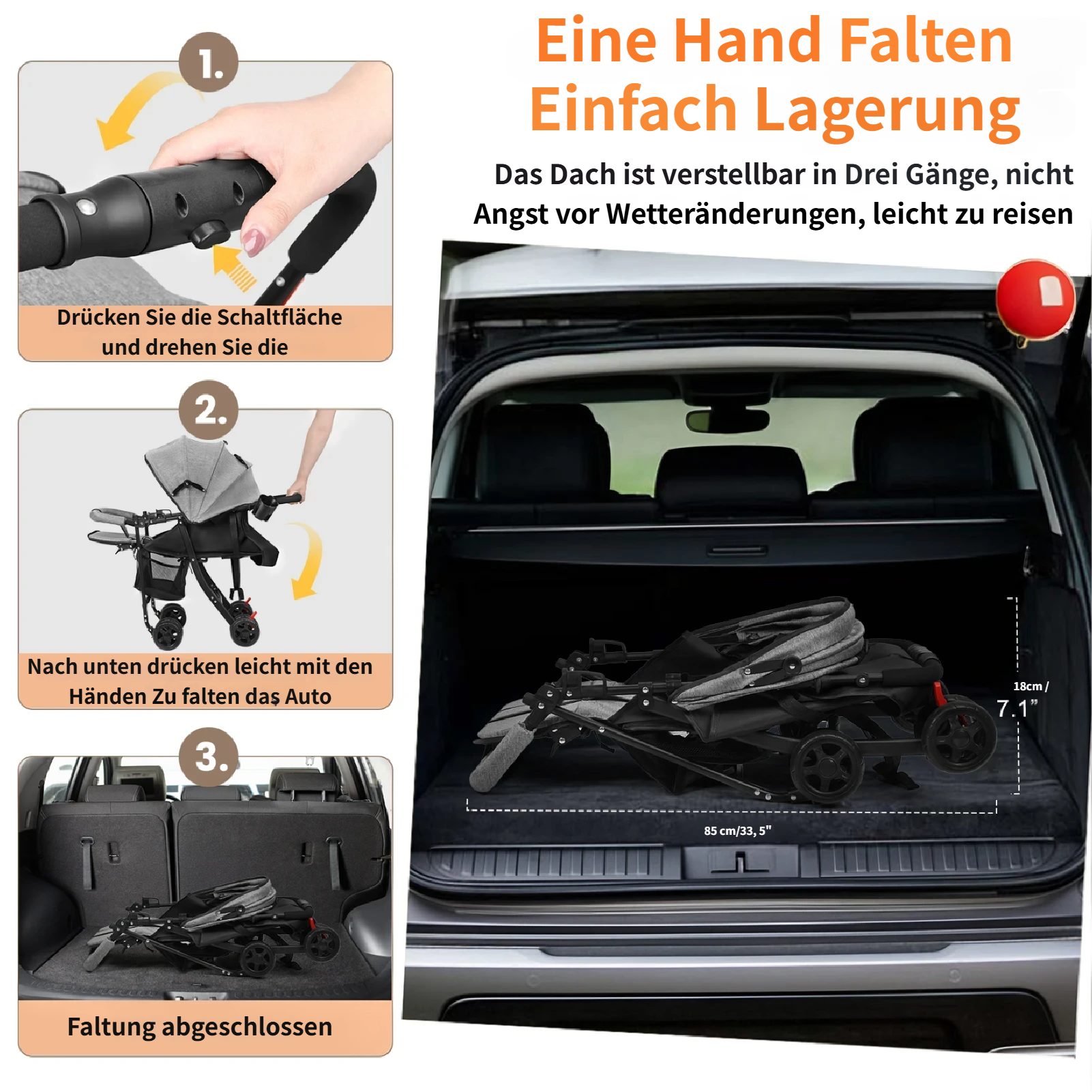 Kinder-Buggy Baby Kinderwagen bis 10 Kg, 0-2 Jahre, Zusammenklappbar, Grau