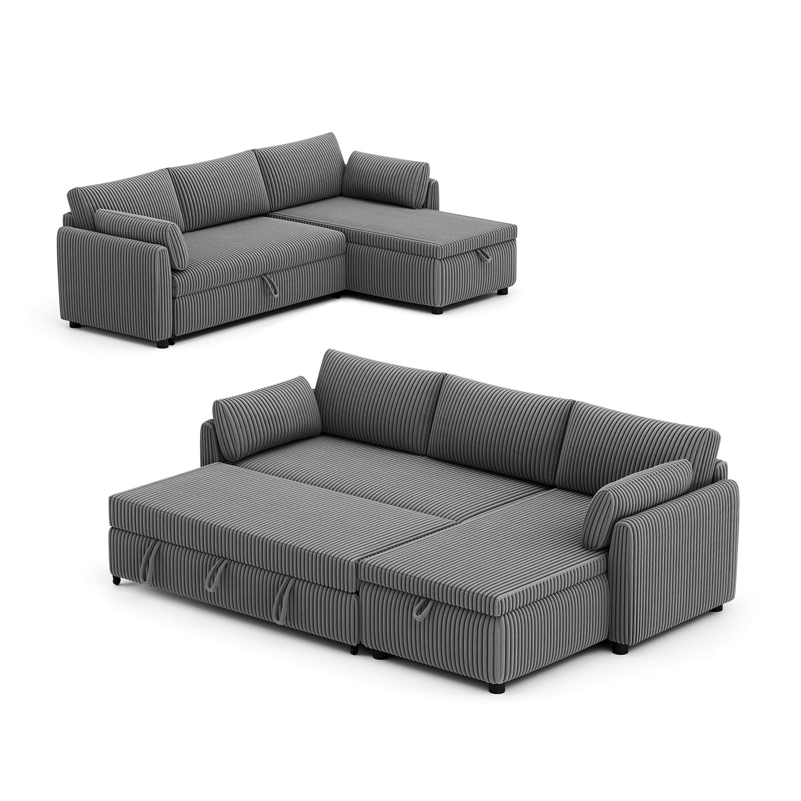 Ecksofa mit Schlaffunktion in L-Form aus Cord, Steingrau, 209 cm breit, mit Stauraum