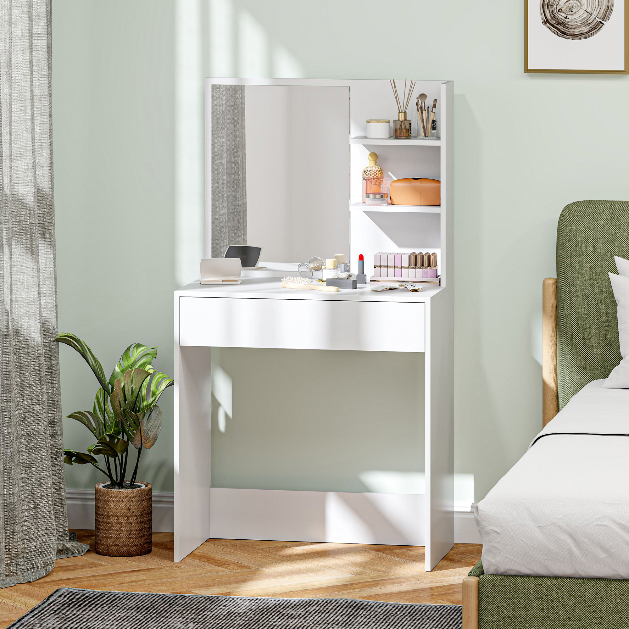 HOMCOM Schminktisch mit Spiegel, Make-up-Tisch mit Schublade und Regalen, für Schlafzimmer, 75l x 40T x 137H cm, weiß