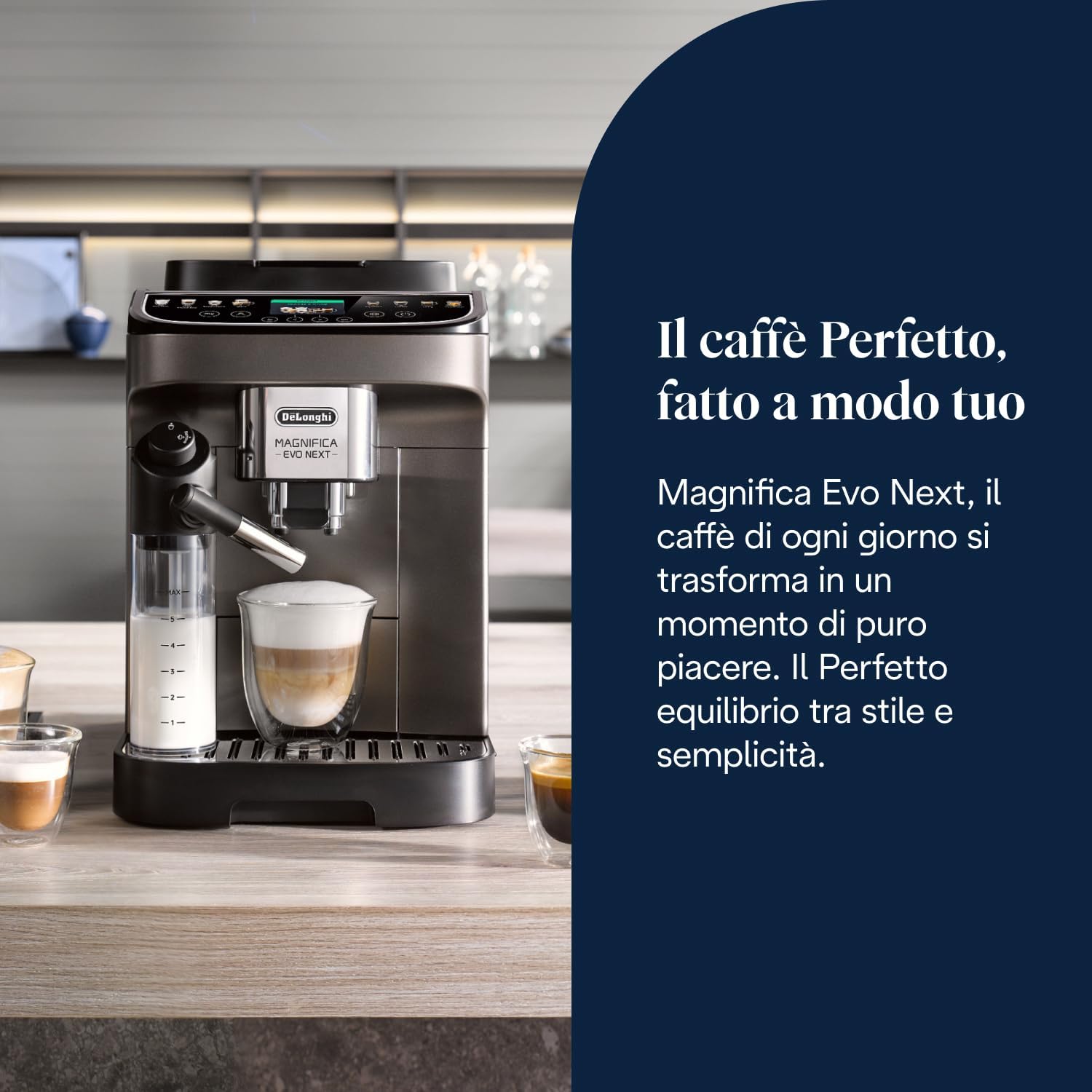 De’Longhi Magnifica Evo Next – Perfetto Macchina da Caffè Automatica, LatteCrema Montalatte Automatico, 13 Bevande in un Solo Tocco, Display Touch a Colori, Titanio e Nero (ECAM312.80.TB)