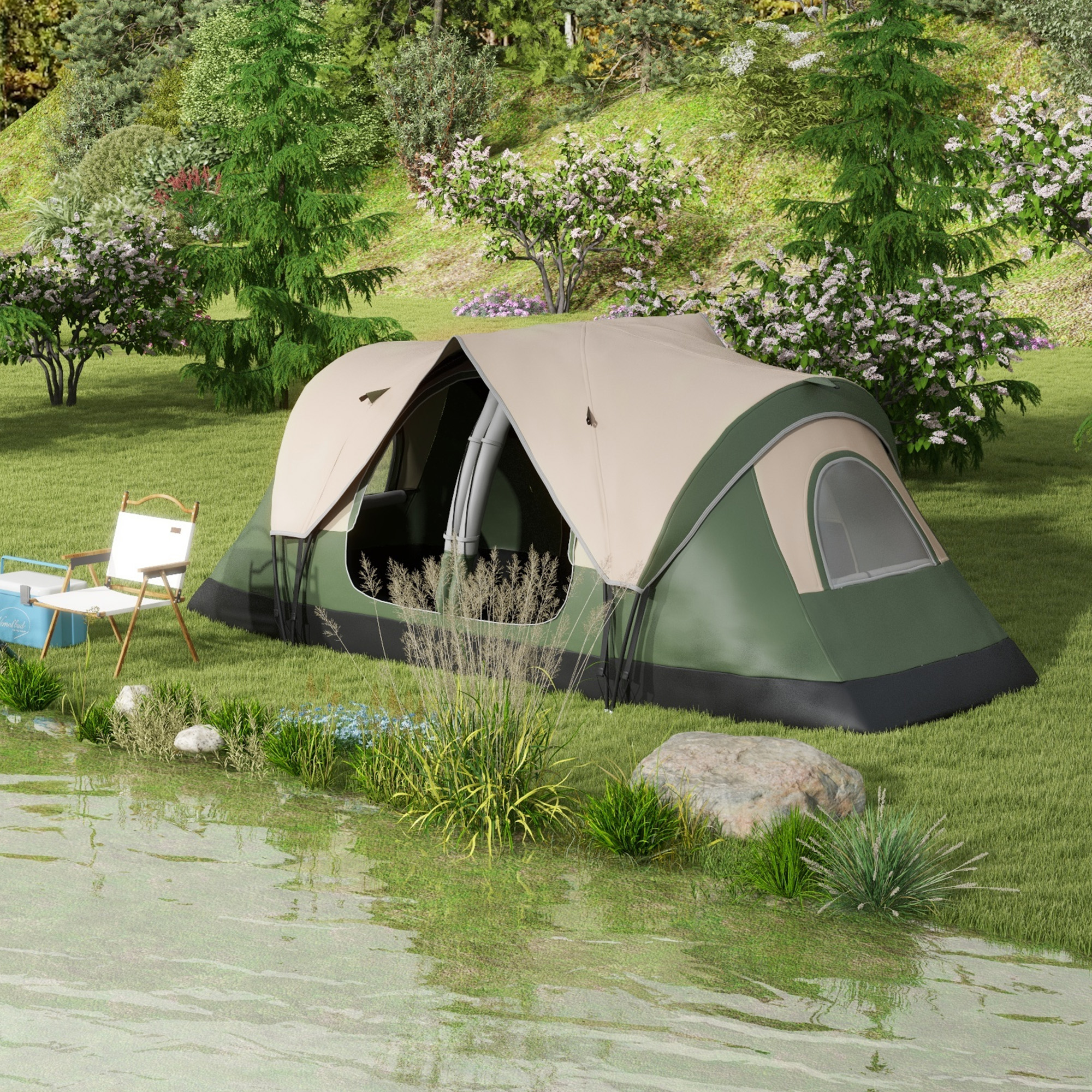 Outsunny Campingtent, 2 Ruimtes, Verwijderbare Scheidingswand, voor 6 Personen, Waterdicht, Donkergroen