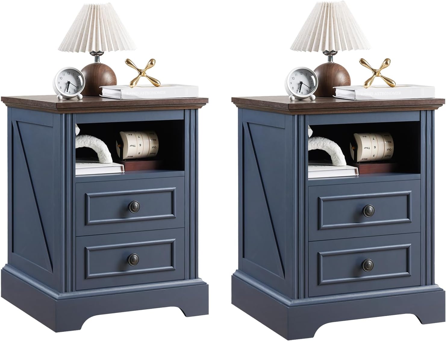 QUW Nightstand Set of 2 with Charging Station, Side Table with 2 Drawers and Open Storage, 18
