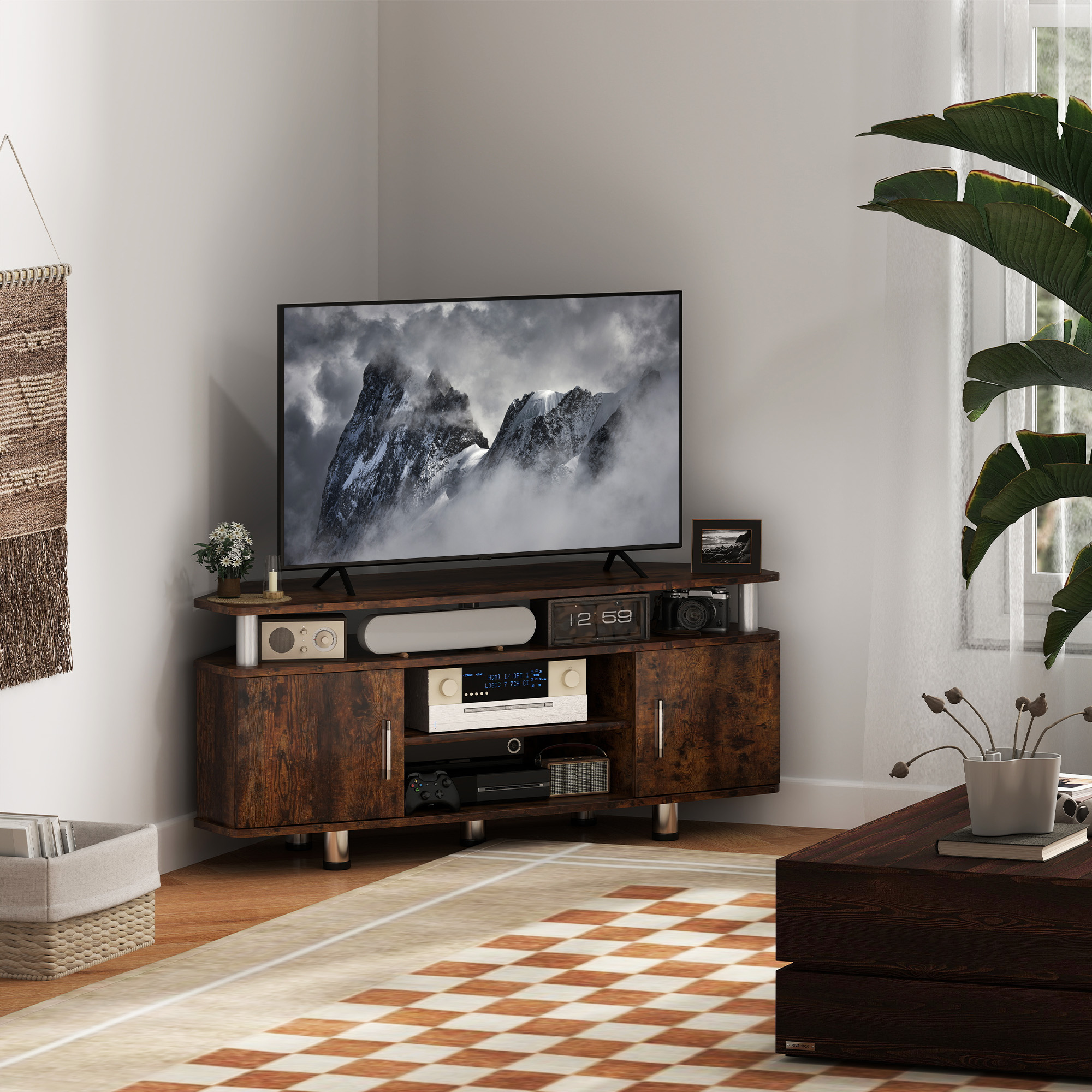 HOMCOM TV-Möbel für Fernseher bis zu 55 Zoll mit großem Regal, Schranktüren und offenem Fach, braun