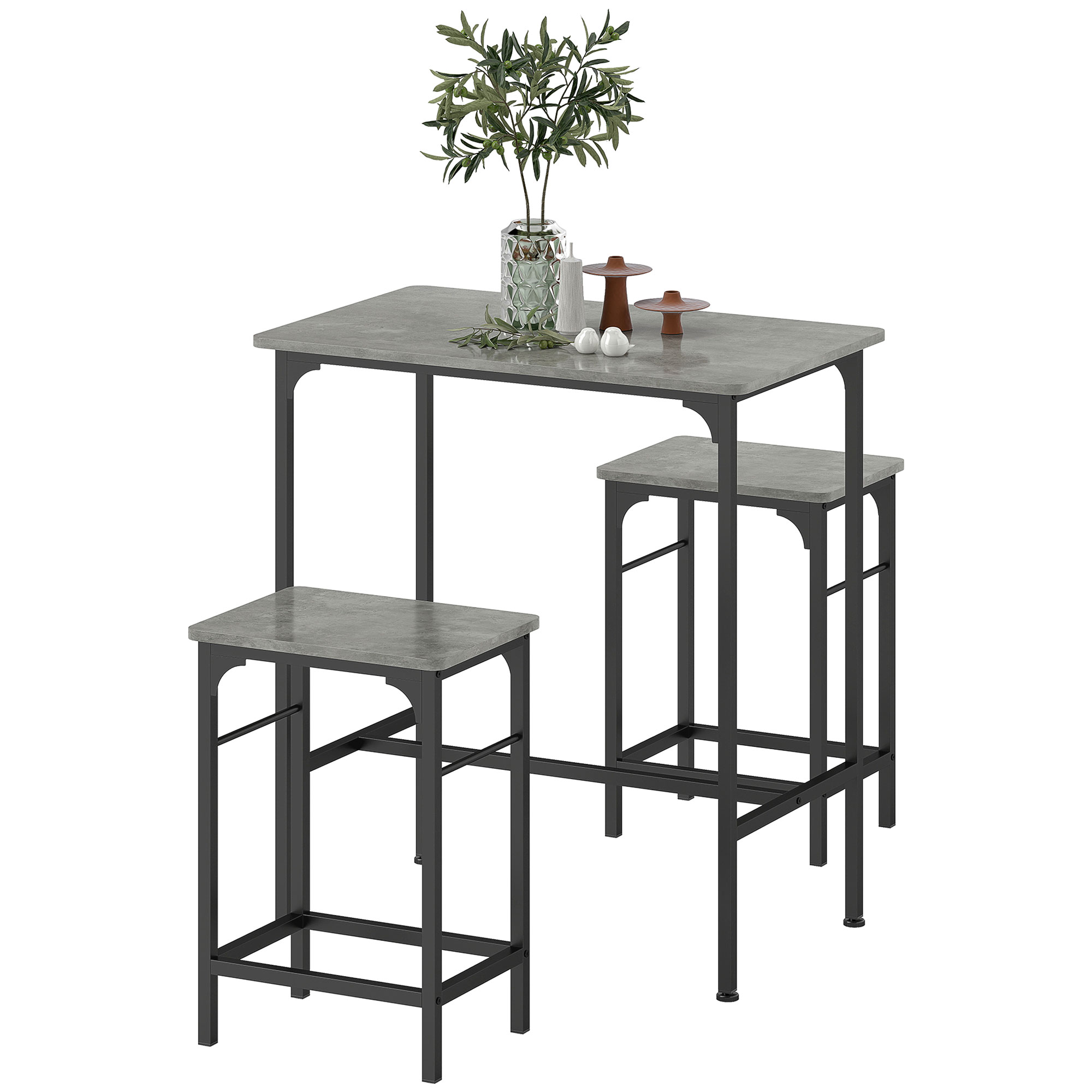 HOMCOM Bartisch Set Bartisch mit Barhocker-Set Esstisch mit 2 Stühlen mit Rutschfestem Fußpolster Grau