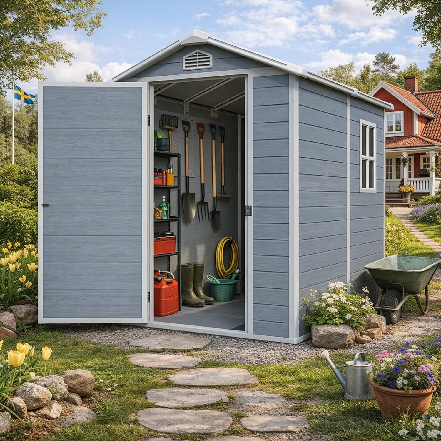 Gartenhaus Lönneberga 2,5m² Kunststoff | Polypropylen (PP) Geräteschuppen witterungsbeständig 124 x 191 x 167/199 cm (B x T x H) grau