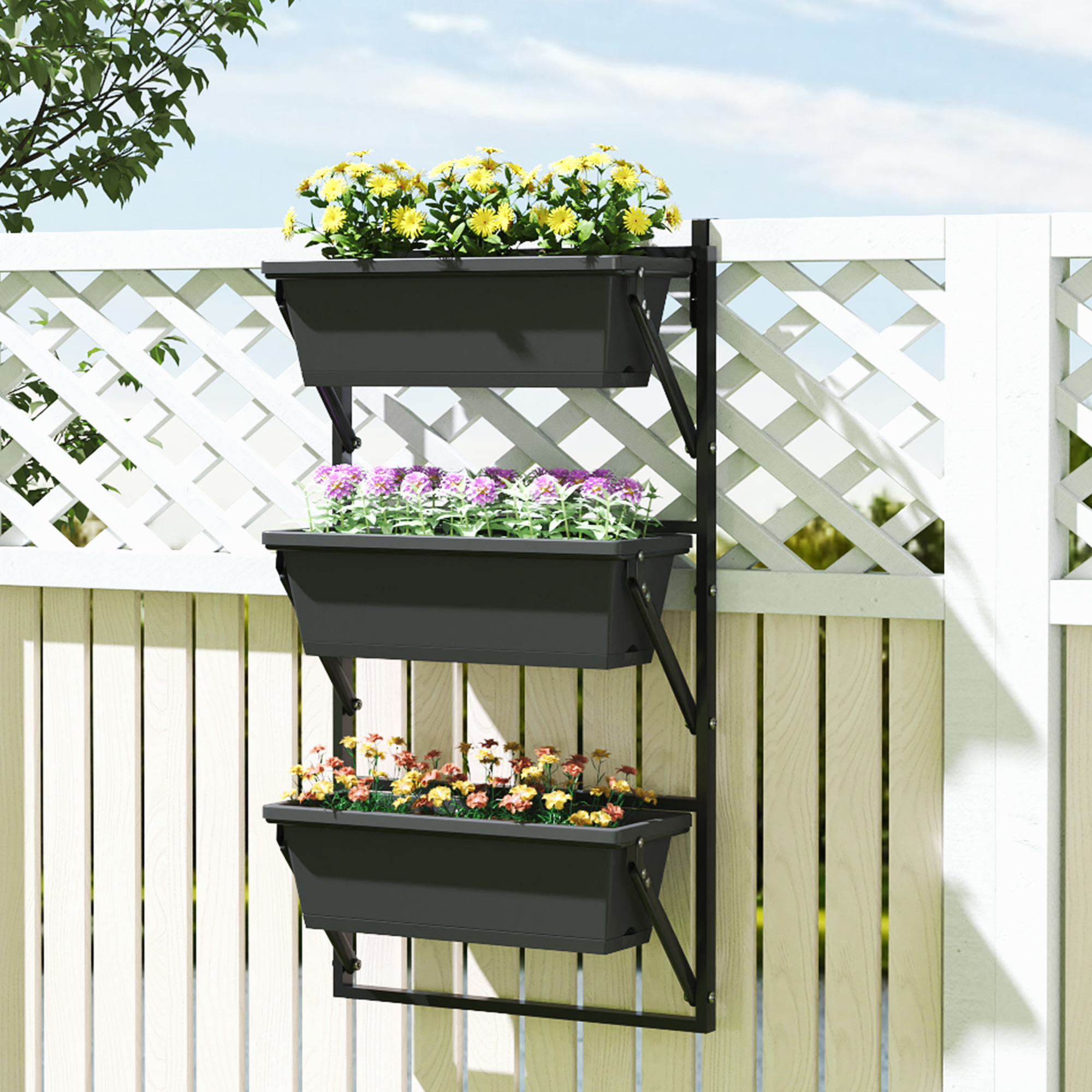 Outsunny er Set Blumentopf Pflanzkübel mit Löcher, 56x42 cm Pflanztöpfe, eckig Pflanztopf, Kunststoff Dunkelgrau