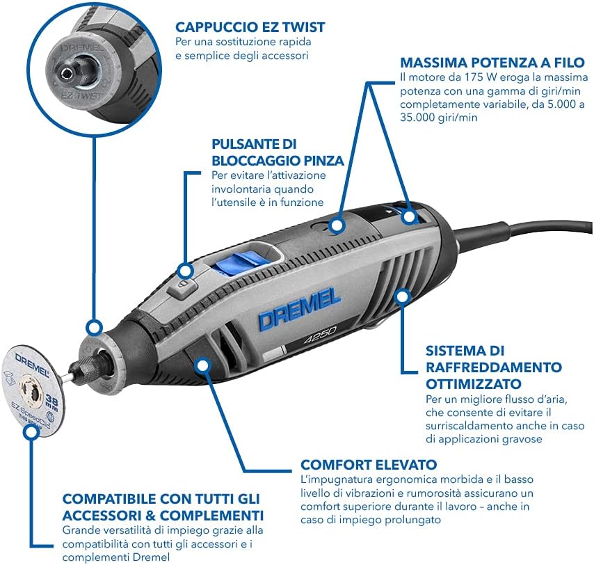 Dremel 4250 Multiutensile 175 W, Kit Multiutensile Amazon Exclusive con 3 Complementi e 45 Accessori, Motore da 175 W con Electronic Feedback, Velocità Variabile 5.000-35.000 giri/min