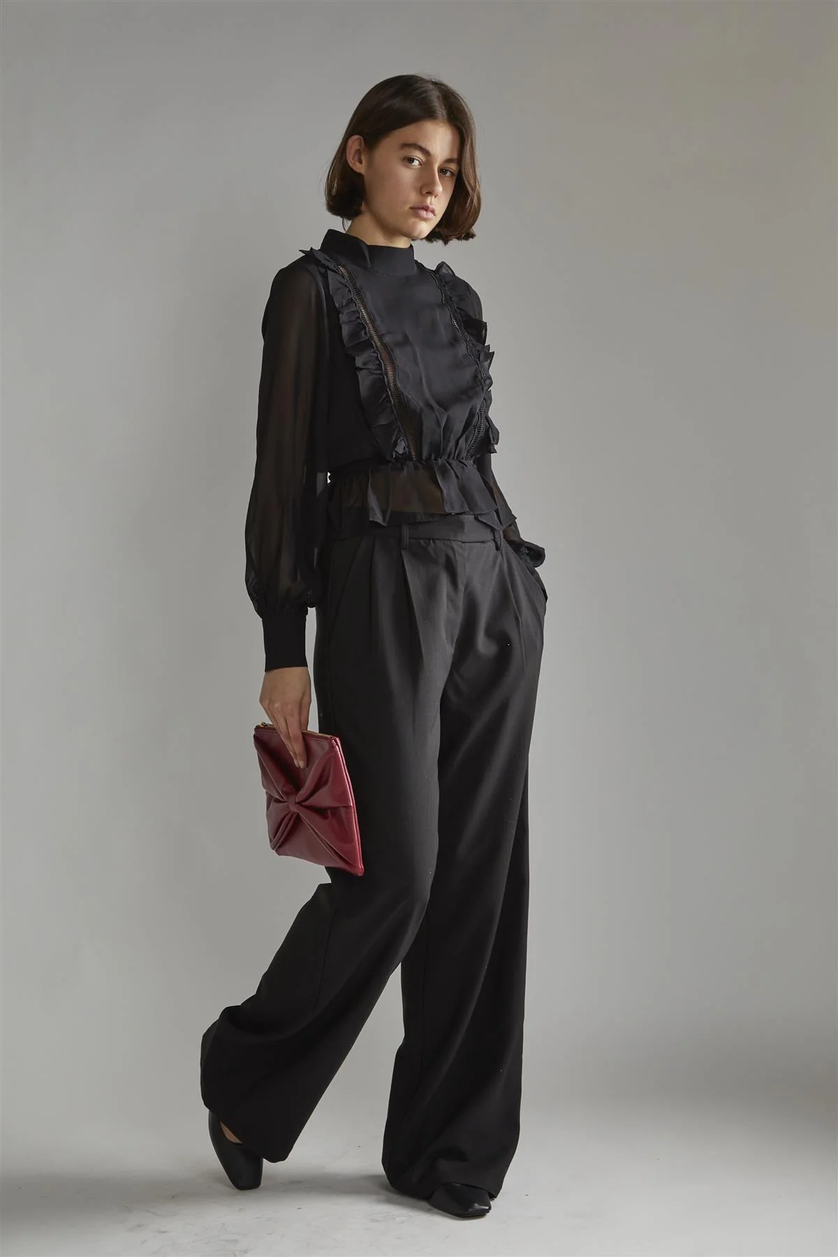 Annika Black Ruffle Detail High Neck Blouse