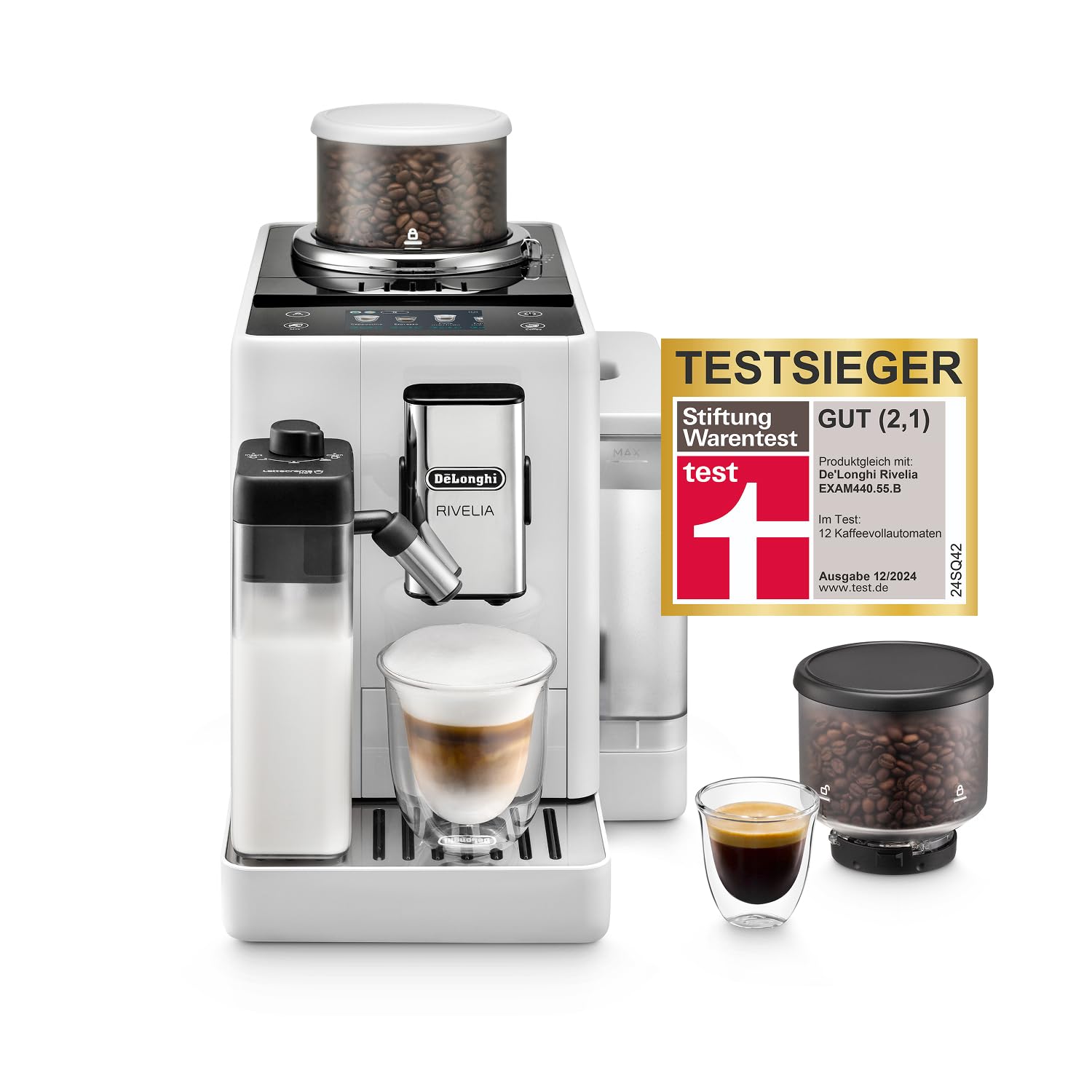 Kaffeevollautomat Rivelia 16 Getränke 1,4 l 3,5-Zoll-Touchdisplay austauschbare Bohnenbehälter LatteCrema Milchsystem Weiß