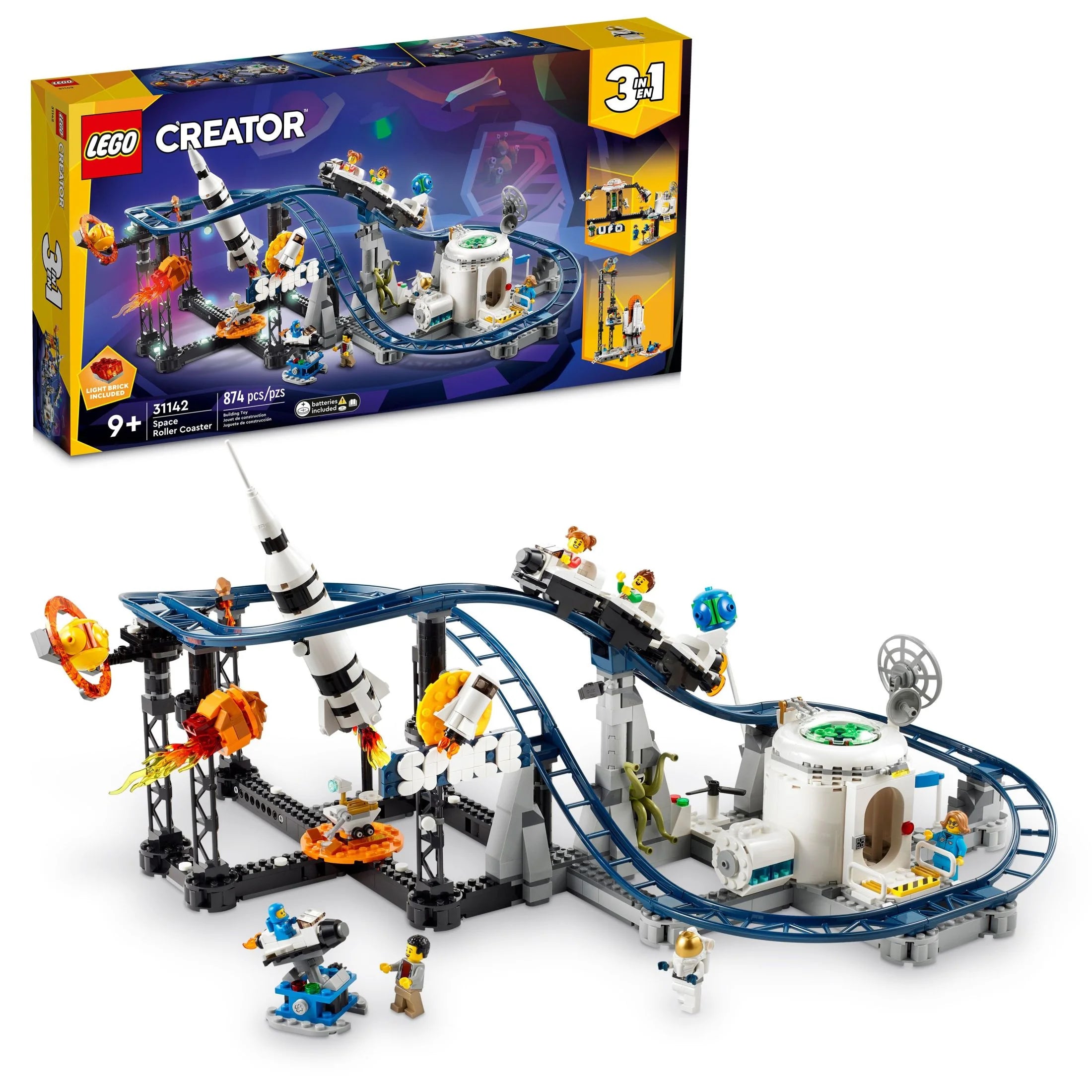 LEGO Creator 3 en 1 Montaña Rusa Espacial, Parque de Diversiones Reconstruible, Construye una Montaña Rusa Enroscada, Torre de Caída o Carrusel Giratorio, con 5 Minifiguras, Set de Construcción para Niños de 9 Años en Adelante, 31142