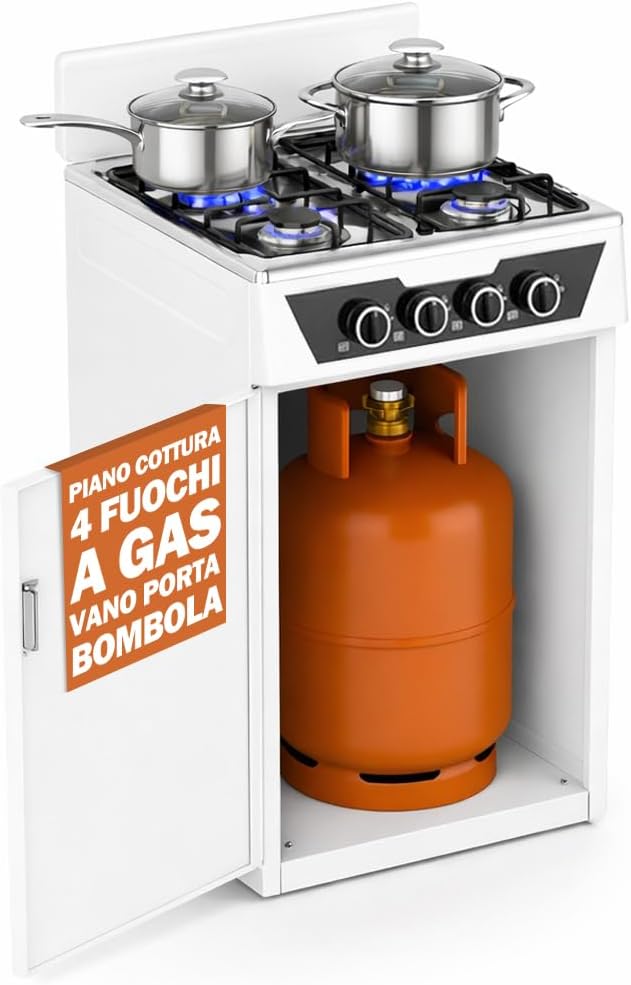 BAKAJI Cucina da Esterno con Piano Cottura 4 Fuochi a Gas, Mobile con Vano Portabombola Integrato Ideale per Esterni e Interni, Struttura Salvaspazio Robusta e Compatta con Paravento (Bianco)
