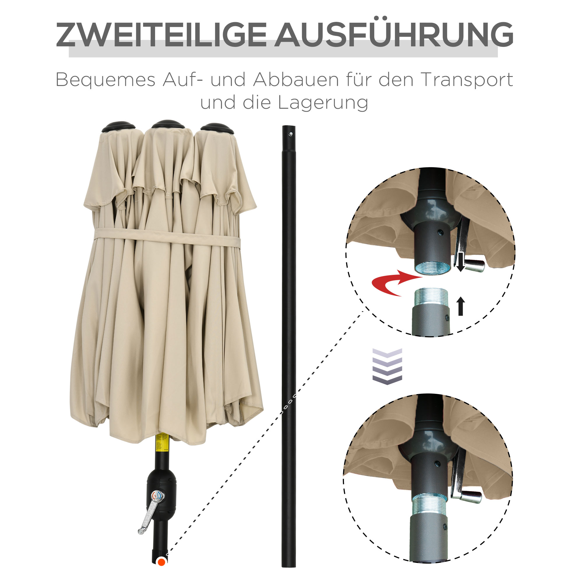 Outsunny parasol, tuinparasol, kantelbaar, met handslinger, windkap, polyester+staal, kaki, 285 x 147 cm