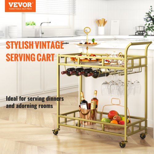 VEVOR Servierwagen Barwagen Rollwagen 2 Ebenen, Weinwagen 55 kg Belastbar, Mobiler Getränkewagen, Verspiegelte Glasablagen 85,5 x 38 x 93 cm, für kleine Räume, Küche, Esszimmer, Bar, Goldfarben