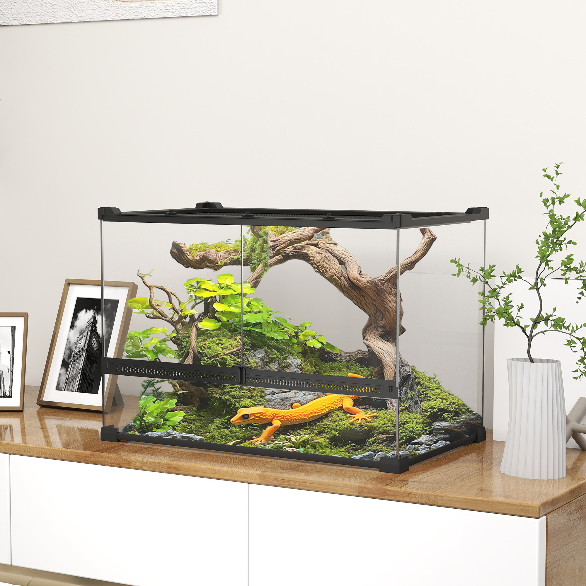 PawHut Glas-Terrarium für Reptilien, erhöhter & wasserdichter Boden, Knopfschloss