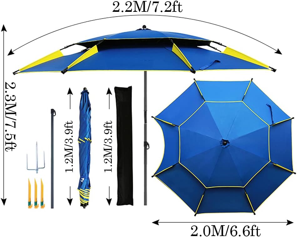 Garten Parasols Garten Parasol, doppelte Schichtfischen für Picknick -Außenpool -Hinterhof -Pool, 2,2 m/7,2 Fuß tragbarer Regenschirm mit 360o -Rotationsvorrichtung, bieten gute Sonnenschutz im Freien