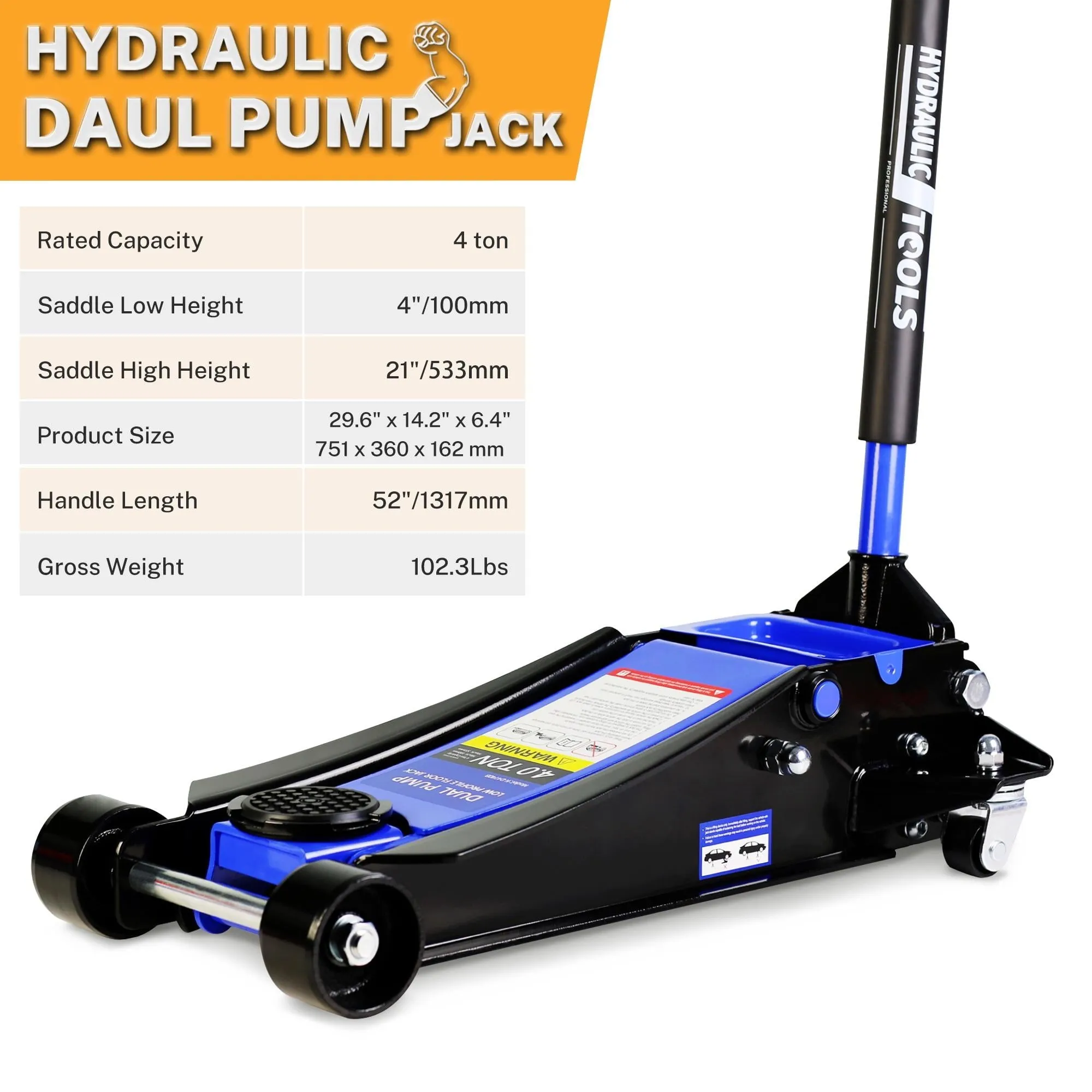 4-Tons hydraulische lage krik, robuuste lage autokrik met dubbele zuigerpomp, hefbereik van 10 tot 53 cm (4